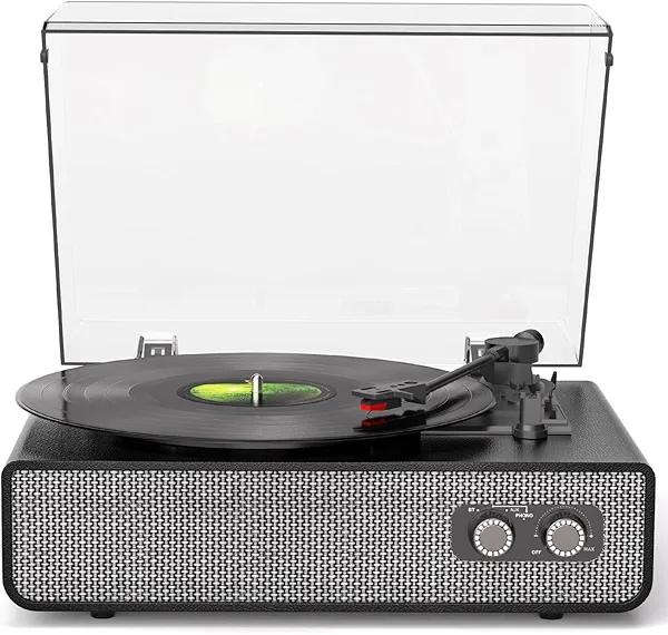 Vinyl Record Player with Upgraded Built-in Speakers, 3-Speed Belt-Driven Bluetooth Turntable for Vinyl Records, Black Leather Vintage Phonograph with RCA Out & AUX in, Auto Stop, MDF Cabinet