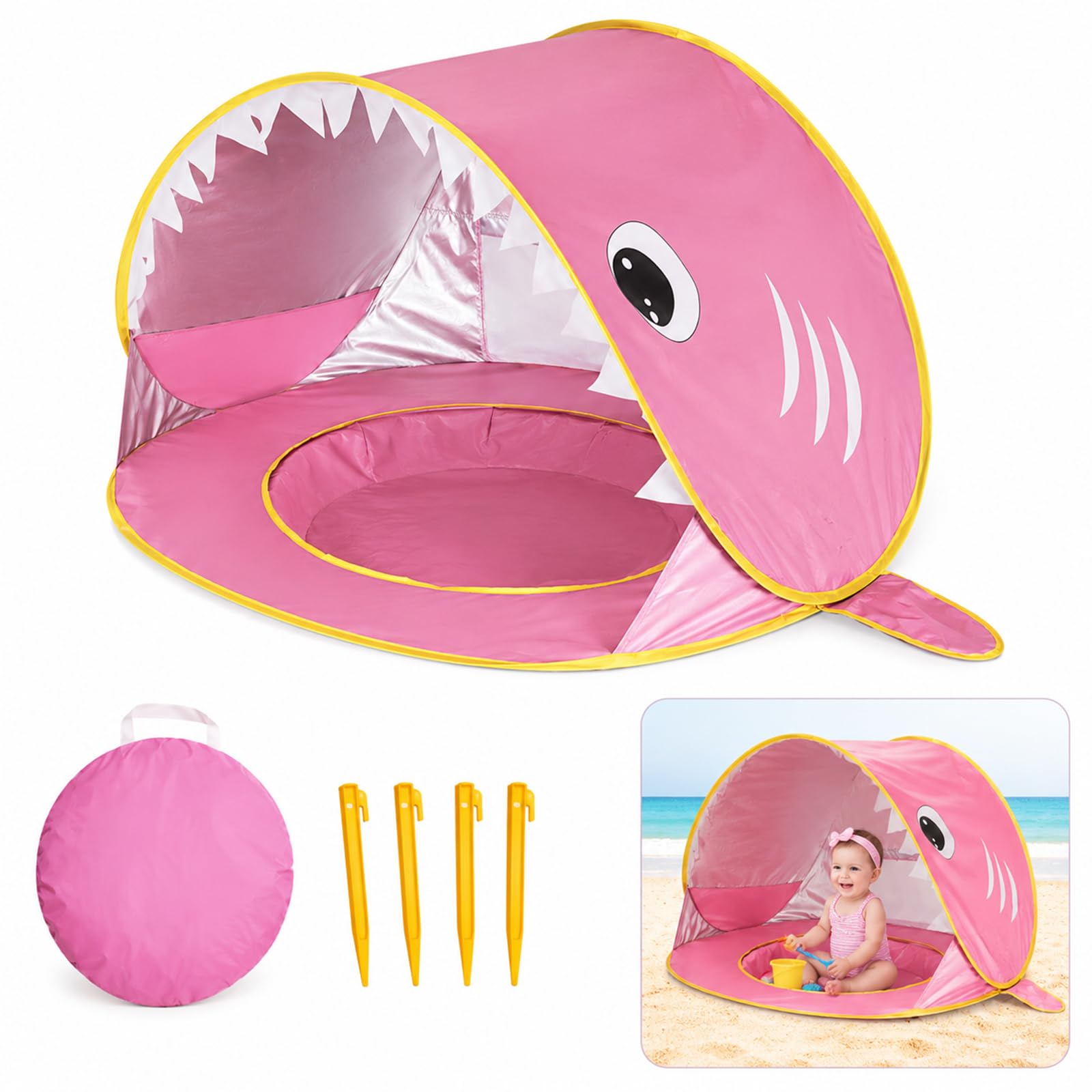 Lafefe Kids Beach Tent Pop Up, Shark Play Tent UV Sun Shelter Polyester Foldable 120×80×70cm Portable Baby Beach Tent for Indoor Outdoor Garden Camping（Pink）