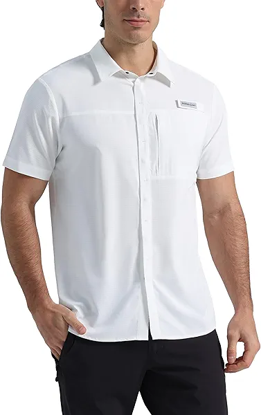 Pioneer Camp Men Fishing Shirts with Zipper Pocket UPF 50+ Lightweight Casual Short Sleeve Button Down Shirts for Men Hiking