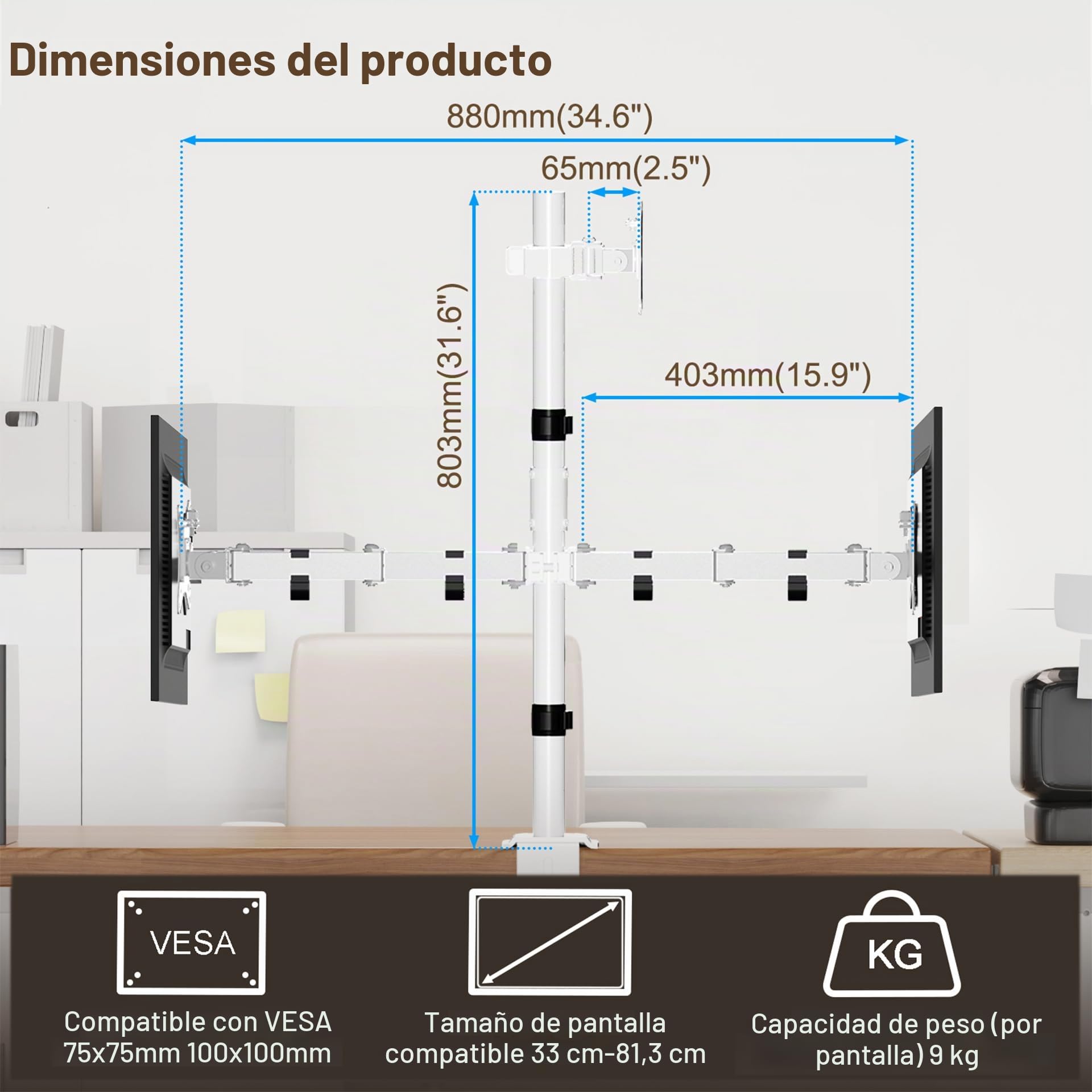 PUTORSEN Soporte Monitor Triple 13-32 Pulgadas LED/LCD, 3 Brazos Ajustable, 80cm Tubo, Peso Máximo 9 KG, Blanco