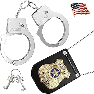 Police Badge Police Pretend Play Toy Set for Kids Metal Handcuffs with Key American Flag Waving Lapel Pins Halloween NYPD Police Badge Dress Up Pretend Play Accessory Black