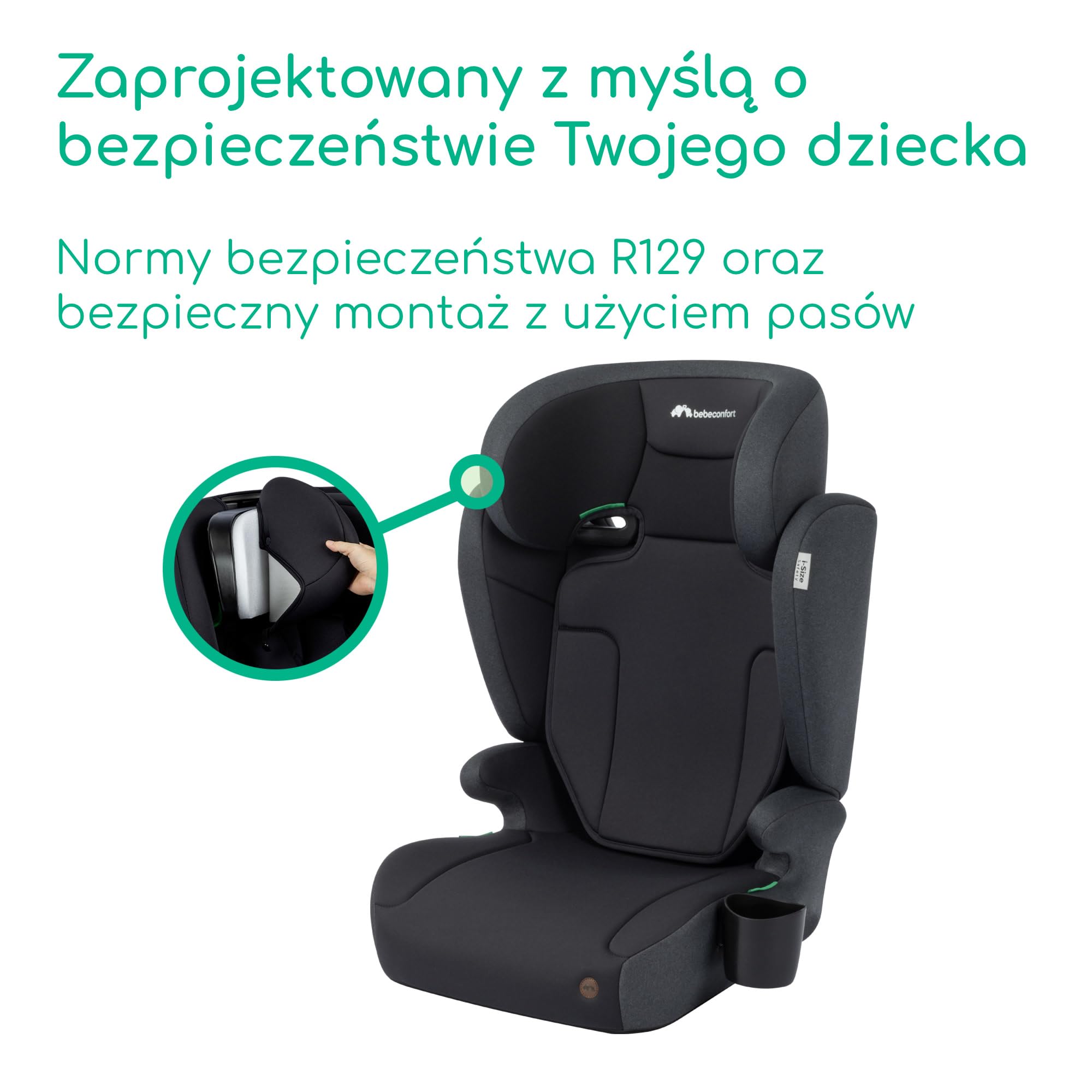 Bebeconfort Ride 2-in-1 i-Safe, Fotelik Samochodowy, 3,5-12 Lat (100-150 cm), Fotelik na Pasy, Wyjmowane Oparcie, Lekki (3,4 kg), 11 Pozycji Zagłówka, Uchwyt na Kubek, Full Black