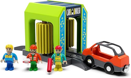 Miniatura 2 de Juego de tren de juguete y estación de lavado de autos para pistas de madera, juguetes de tren compatibles con Thomas, Brio, Chuggington