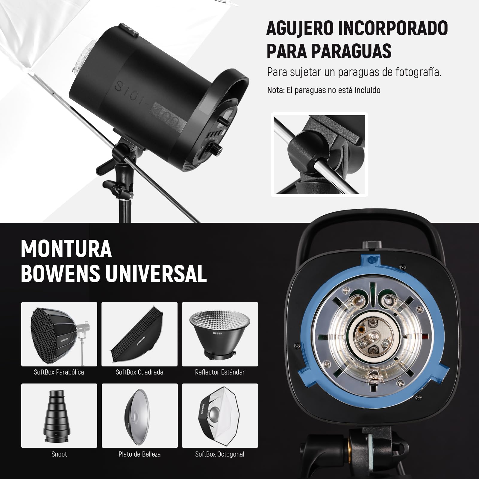NEEWER S101-400W Pro Strobe Flash Luz con 2.4G Disparador 150W Lampara 400Ws GN65 5600K Bowens Mount Reflector Modo S1/S2 Ventilador Compatible con QPRO para Fotografía Retrato Productos Estudio