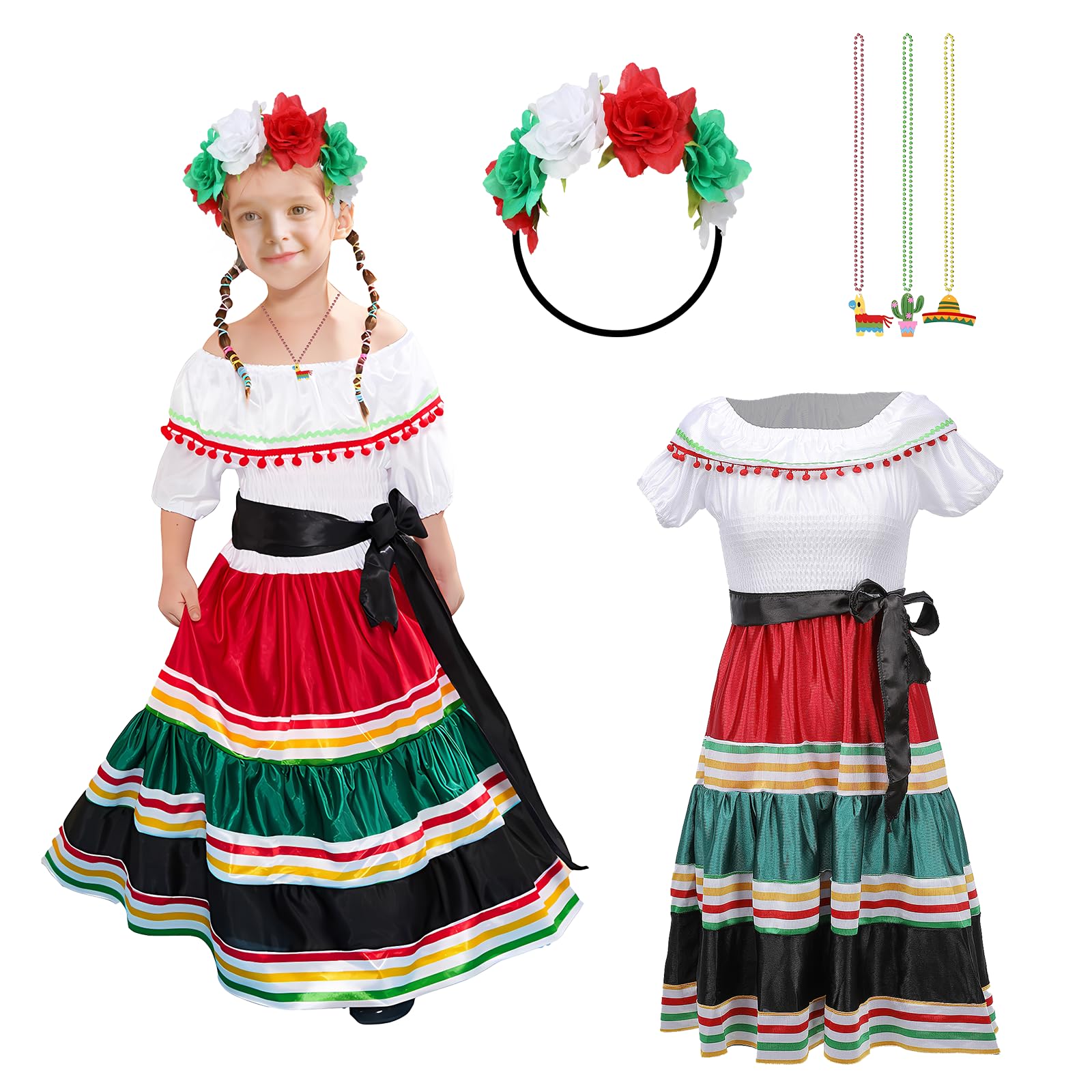 AENEY Girl Mexican Fancy Dress Costume, 3PCS Senorita Outfit for Masquerade Halloween Party (X-Large)
