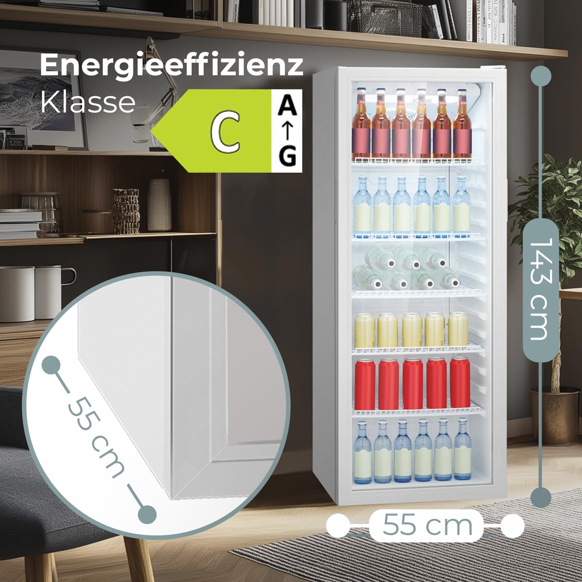 Frigorifero Bomann® con porta in vetro, Classe energetica C, 143 cm, Frigorifero per bevande 2-12 °C, MultiAirflow, 5 ripiani in filo metallico, Cerniera della porta reversibile, 236 l,