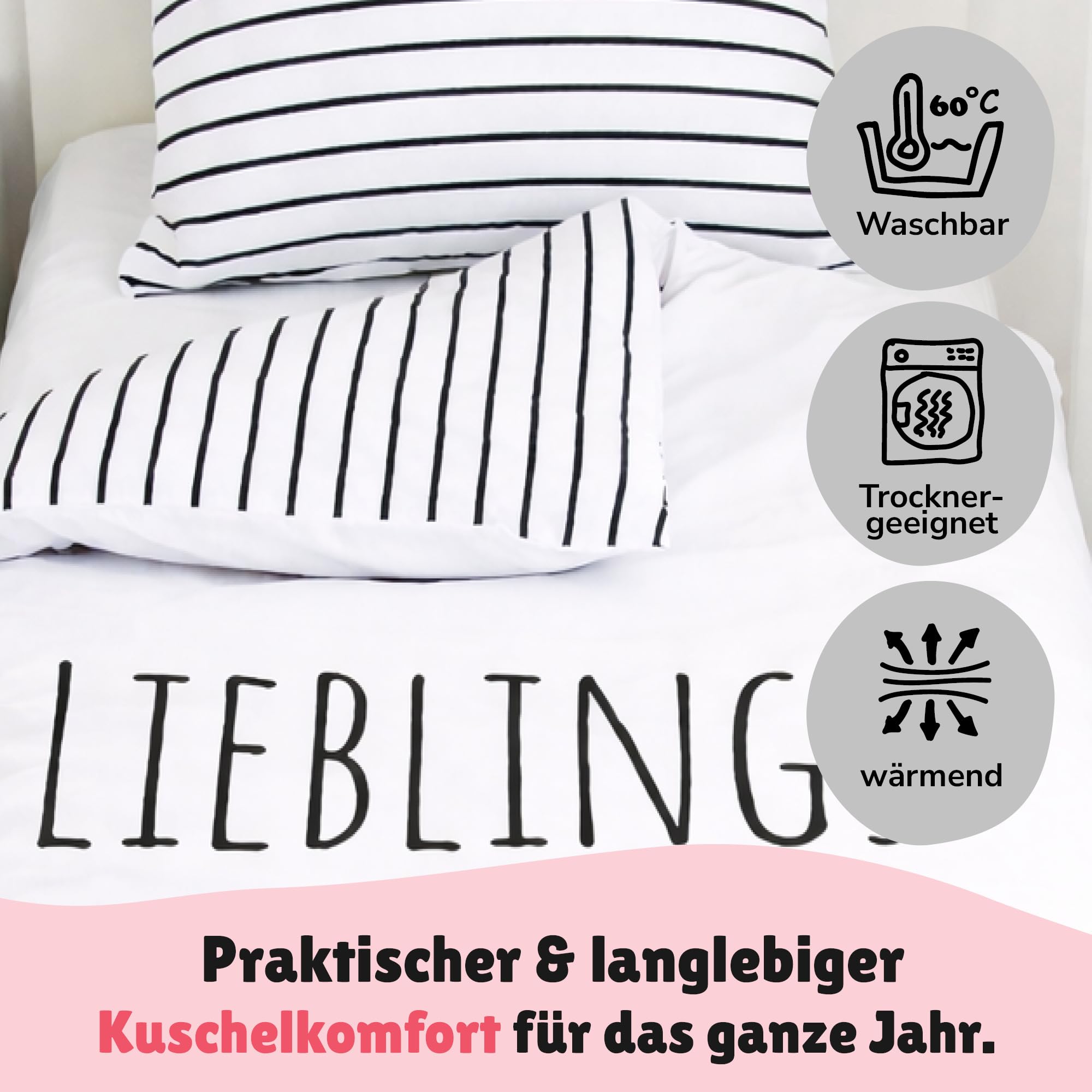 Familando - Lieblingsmensch Partnerbettwäsche Set (4-teilig) – 2X Decken- & Kissenbezug 135x200 & 80x80 cm mit Reißverschluss – 100% Baumwolle in Renforcé Qualität – Geschenkidee für Paare