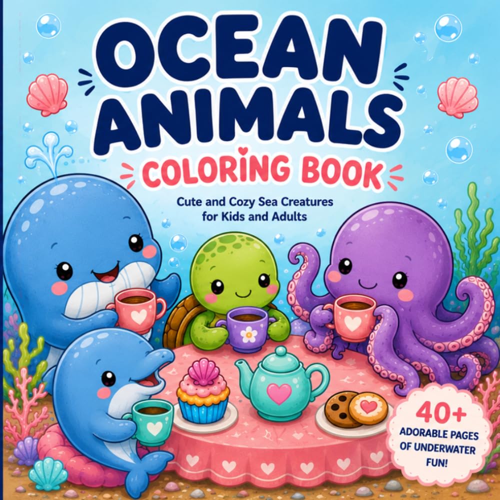 OCEAN ANIMALS COLORING BOOK: Cute Sea Creature Coloring Pages with Whales, Dolphins, Turtles, Octopuses and Underwater Adventures for Kids and Adults