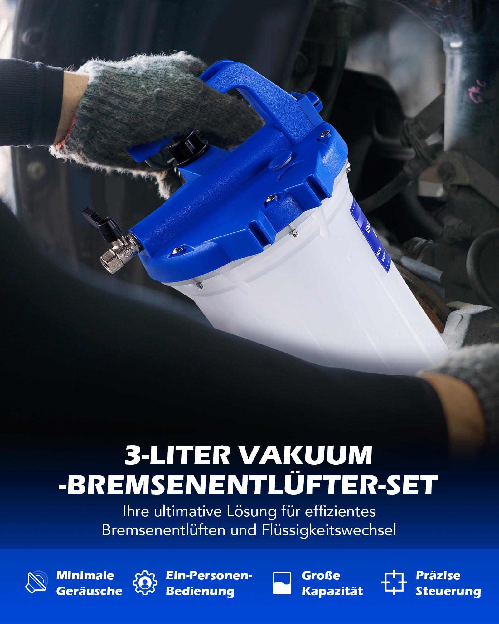 Orion Motor Tech 3L Bremsenentlüftungsgerät Druckluft mit 18 Universal-Adaptern & 1L Nachfüllflasche, Profi Bremsflüssigkeitswechselgerät Set KFZ
