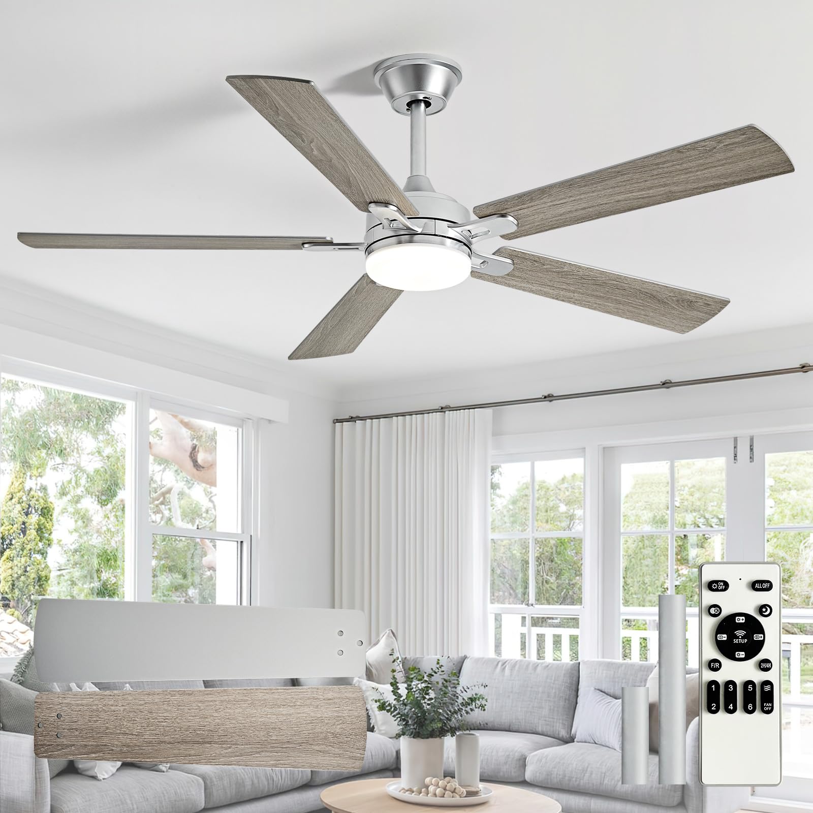Depuley 52-inch Ceiling Fan with Light: Nickel Ceiling Fan for Living Room Indoor - Modern Ceiling Fan with Remote Control 3CCT Dimmable Noiseless 5 Reversible Silver Blades 6 Speeds Timer