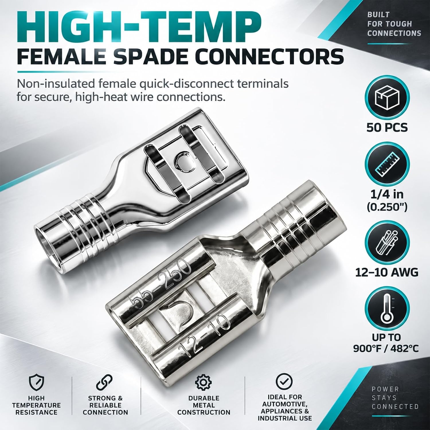 50Pcs Non-Insulated Female Spade Connectors 12-10Ga, 1/4In for Oven