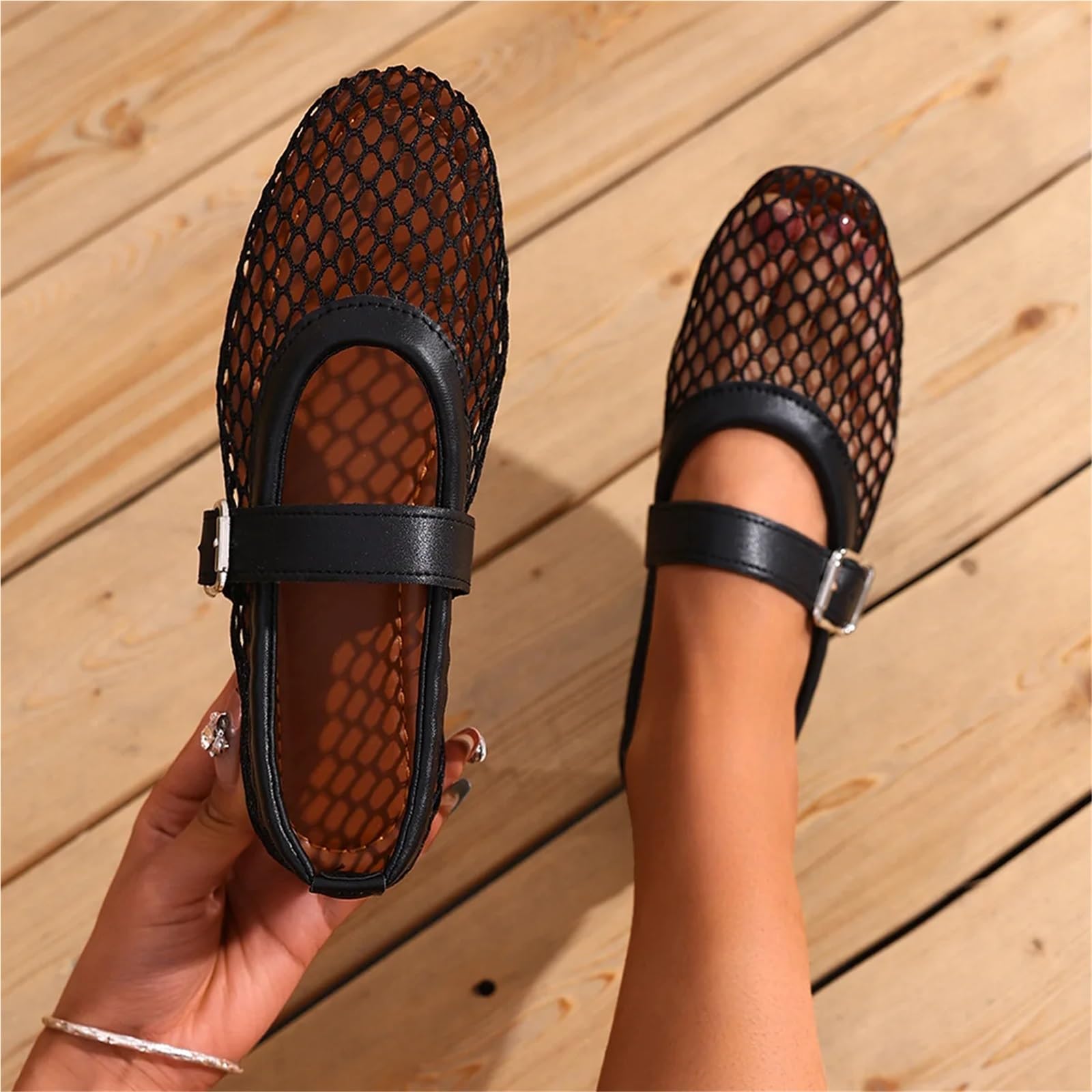 Damen Sandalen Mesh Ballerinas for Schnallenriemen Bequeme Casual Office Fishnet Ballerina Flache Schuhe Für Damen