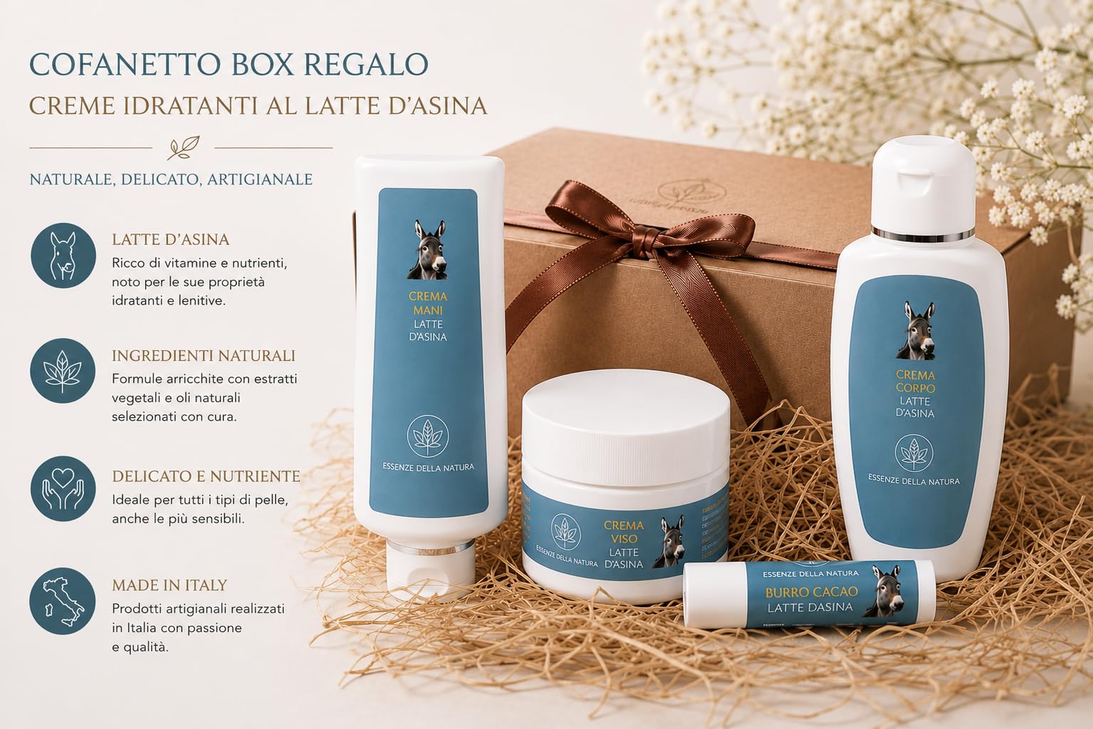 Cofanetto Box Regalo Creme Idratanti Artigianali Naturali al latte d'Asina - Crema Viso, Crema Corpo, Crema Mani e Stick Labbra - Set completo di prodotti per la cura delle pelle - Made in Italy