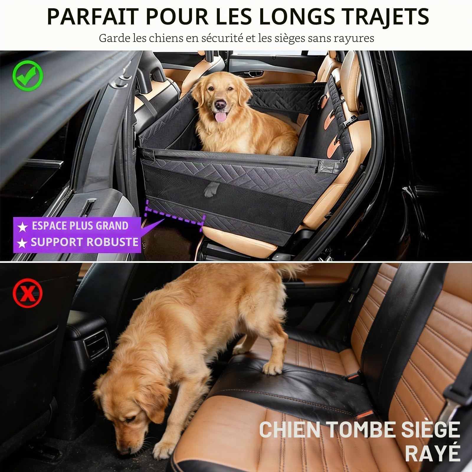 Siège Auto pour Chien Grand Format 73x53x53 cm – Panier Voiture Chien Sécurisé avec 4 Sangles – Pliable, Imperméable, Anti-Rayures – Convient Petits, Moyens et Grands Chiens Jusqu’à 50 kg