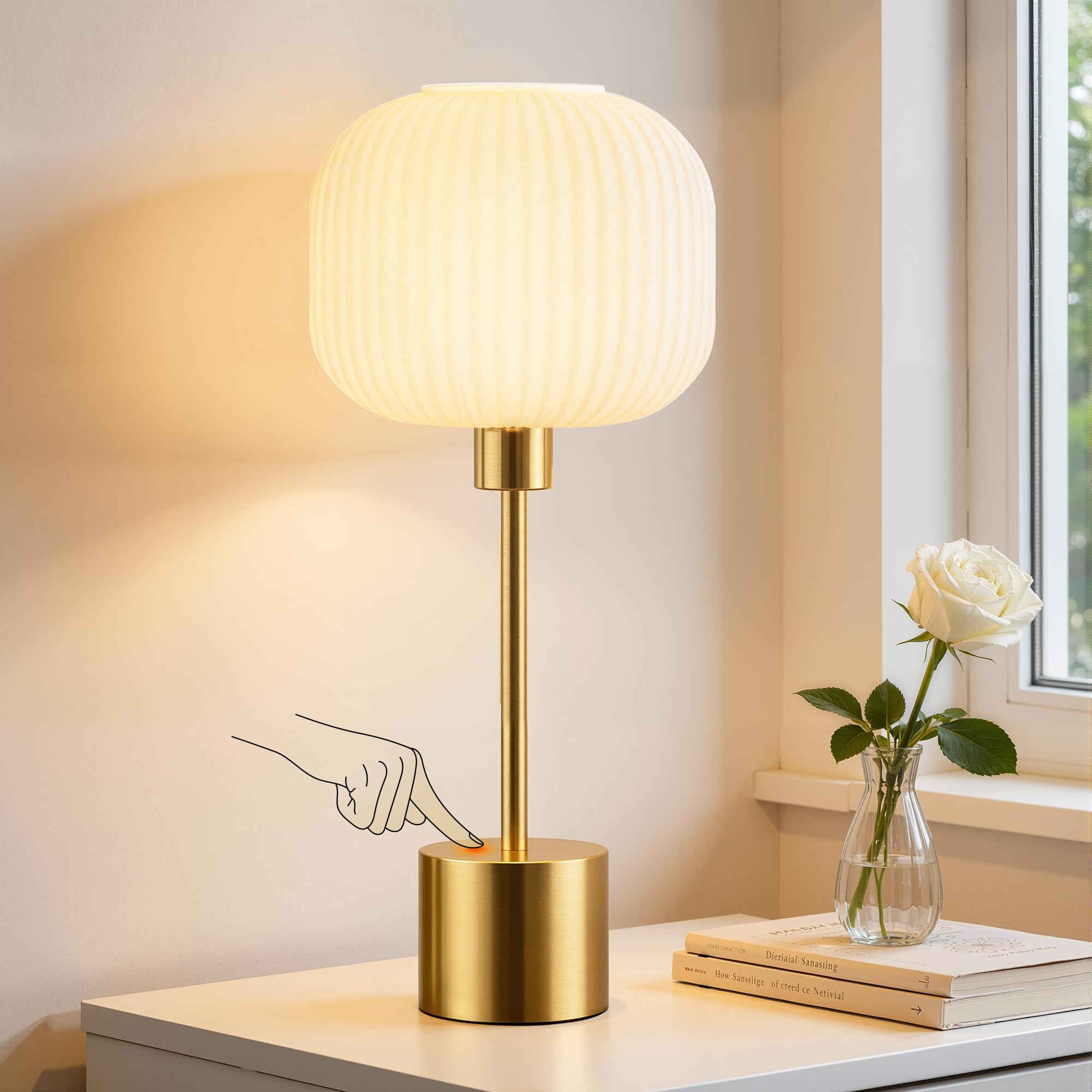 qimh glass table lamp for living room, modern bedside lamp with gream ribbed glass shade, 3-way dimmable touch control nightstand lamp for bedroom, brushed gold (2700k led bulb included)