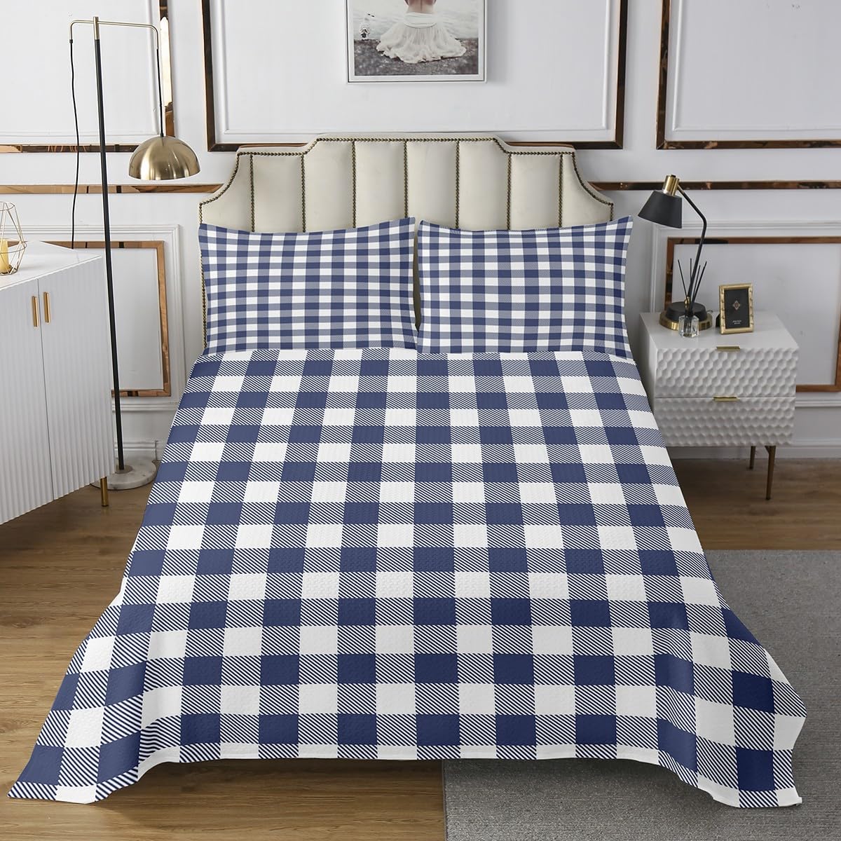 Erosebridal Plaid Navy Blue Quilt Set Twin Size for Kids Boys Girls,Geometric Grid Coverlet Set,Buffalo Checkered Bed Cover Bedroom Decor,Modern Bedspread Set