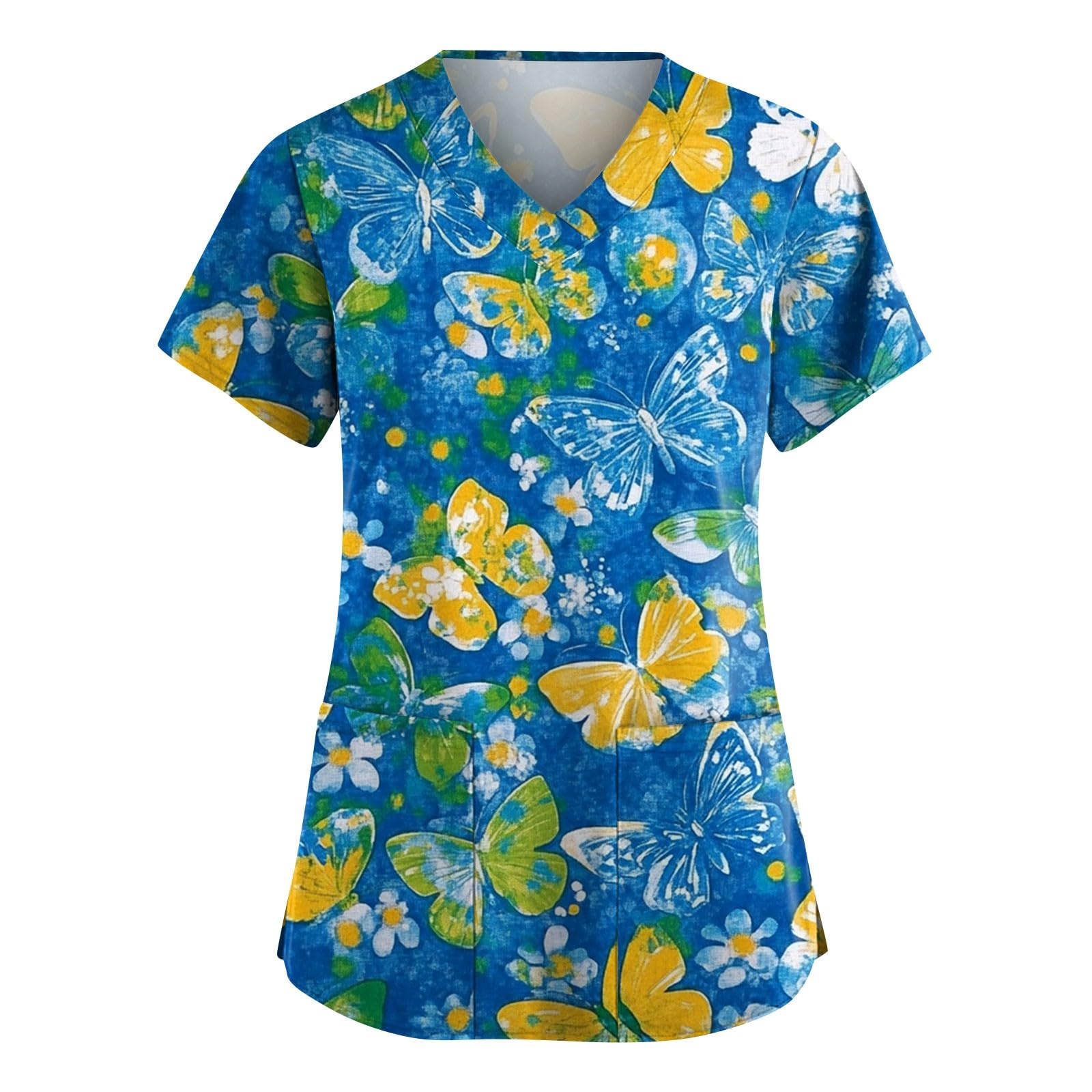 Animal Scrub Tops Women Cute Cartoon Print Medical Scrub Tops Fun Plus Working Uniform — Dinosaur Dog Cat Alpaca Etc