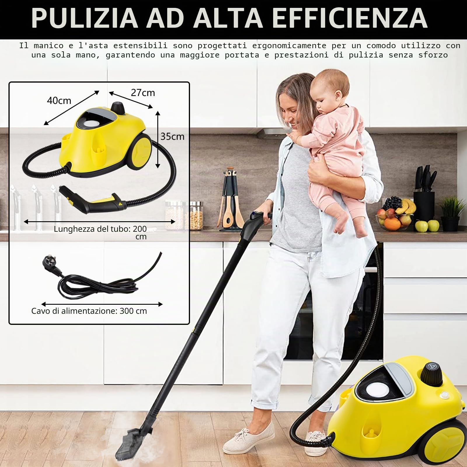Pulitore a Vapore 2100 W con 29 Accessori, Serbatoio 2,1 L, Pressione 5 bar, Kit Pavimenti & Ugelli, Allarme Acqua Bassa, per Tappeti, Piastrelle, Vetri, Pavimenti (Nero)