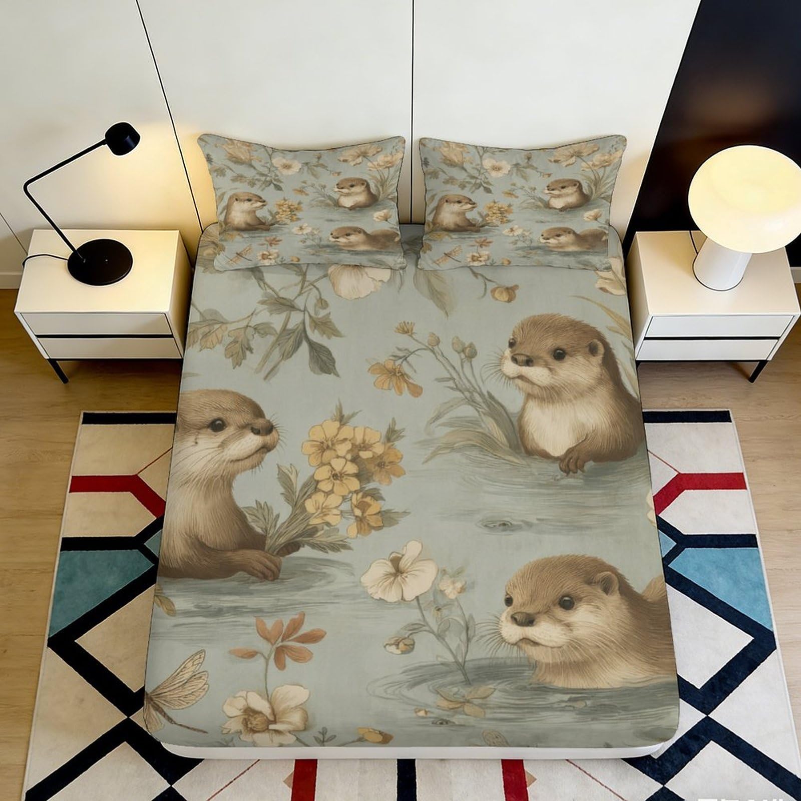 3D Printed Otter Pattern Fitted Sheet Microfiber Breathable Bed Cover Floral Design for Bedroom Dormitory Guest Room Mattress Protection 140x200x25cm