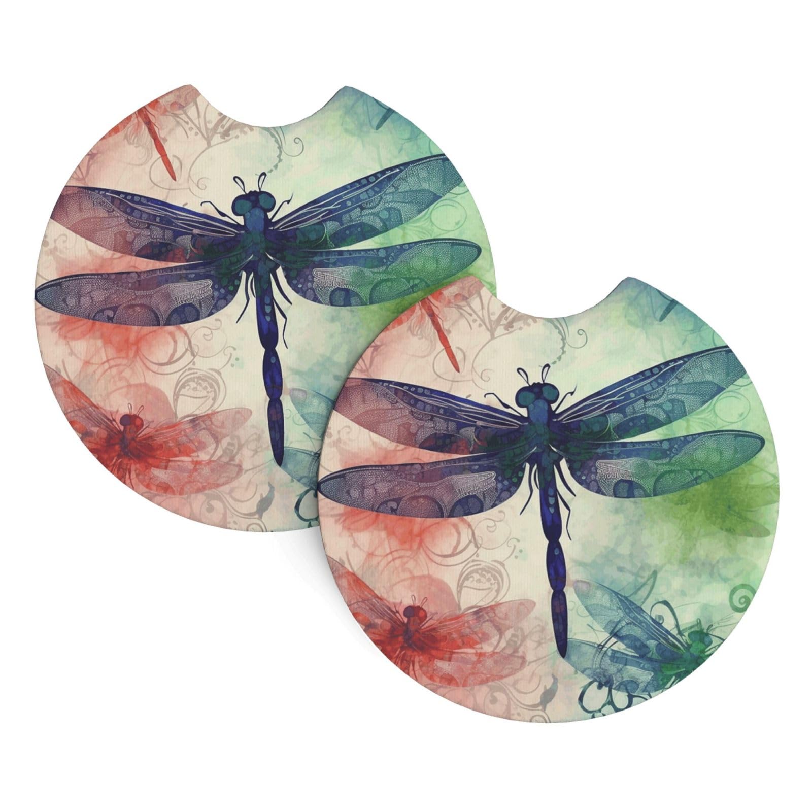 2PCS Car Coaster for Cup Holders Universal Auto Cup Mat Modern Dragonfly Cup Coaster Pad 2.7" Waterproof Neoprene Non-Slip Cup Holder Coasters Car Interior Accessories for Women Men