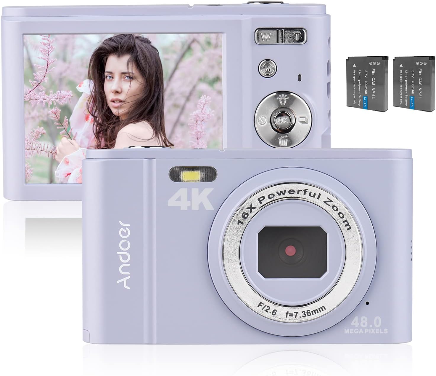 Andoer Fotocamera digitale, 48 MP, 4 K, schermo IPS da 2,8, fotocamera compatta, zoom digitale, con 2 batterie, scheda di memoria da 32 GB, cinturino da polso per adulti, anziani/bambini, viola Andoer Fotocamera digitale, 48 MP, 4 K, schermo IPS da 2,8, fotocamera compatta, zoom digitale, con 2 batterie, scheda di memoria da 32 GB, cinturino da polso per adulti, anziani/bambini, viola