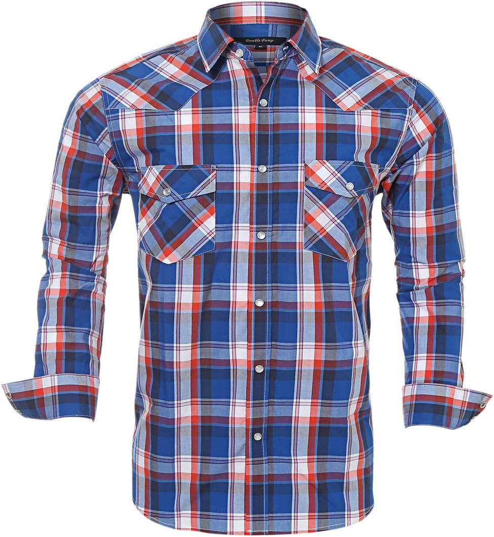 Men's Western Cowboy Shirts-Long Sleeve Snap Button Plaid Shirt, Regular Fit Cotton Casual Shirt