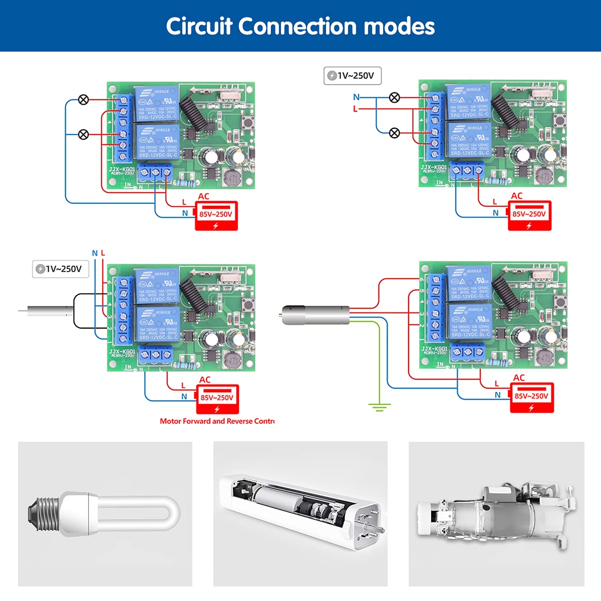 Various circuit connection modes for the relay receiver, including 1V-250V AC and motor forward/reverse control