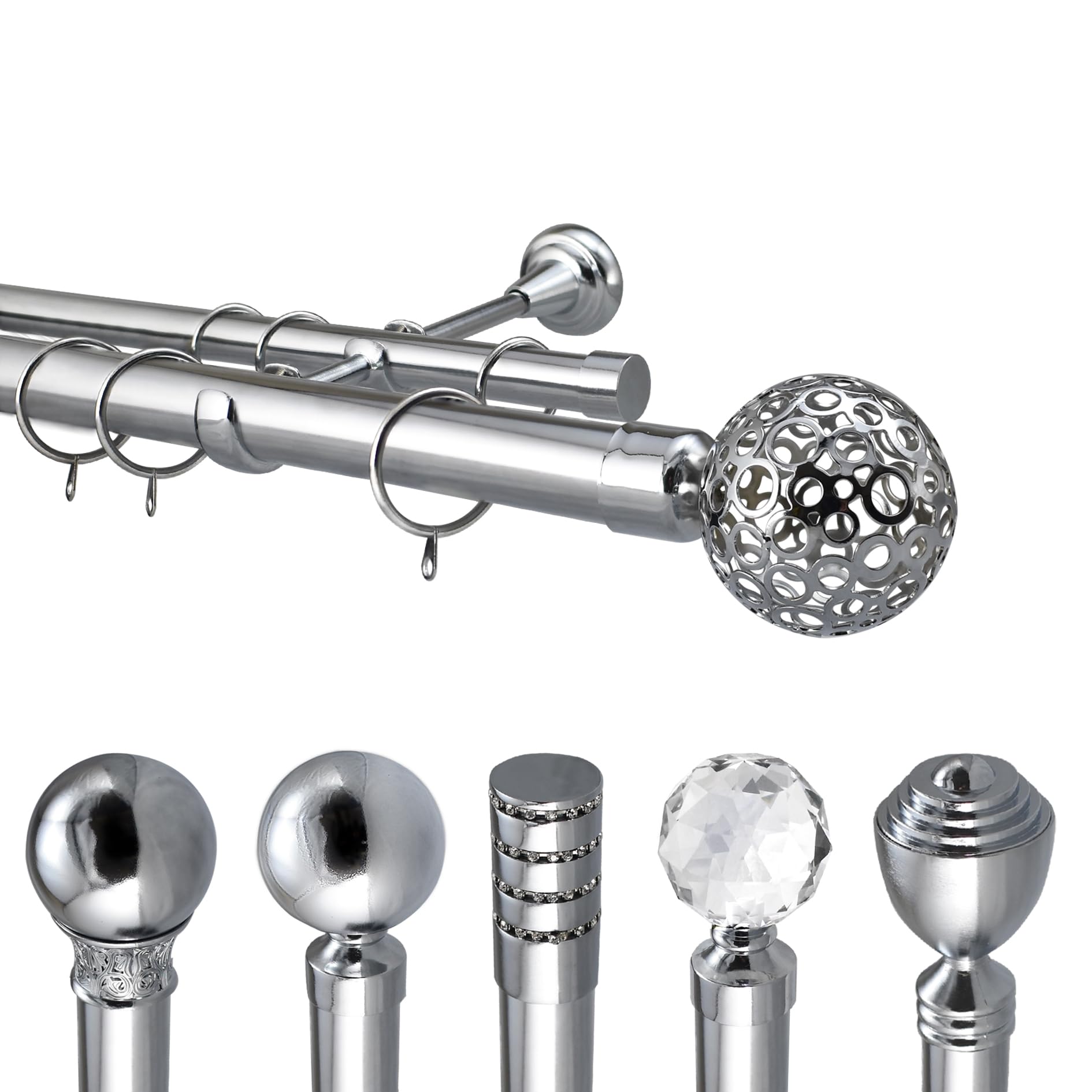 Your Home Online Metal Double Extendable Curtain Pole Rail Rod Polished Chrome 28mm & 19mm (1m -2m Extendable, Osaka Finial Ends)
