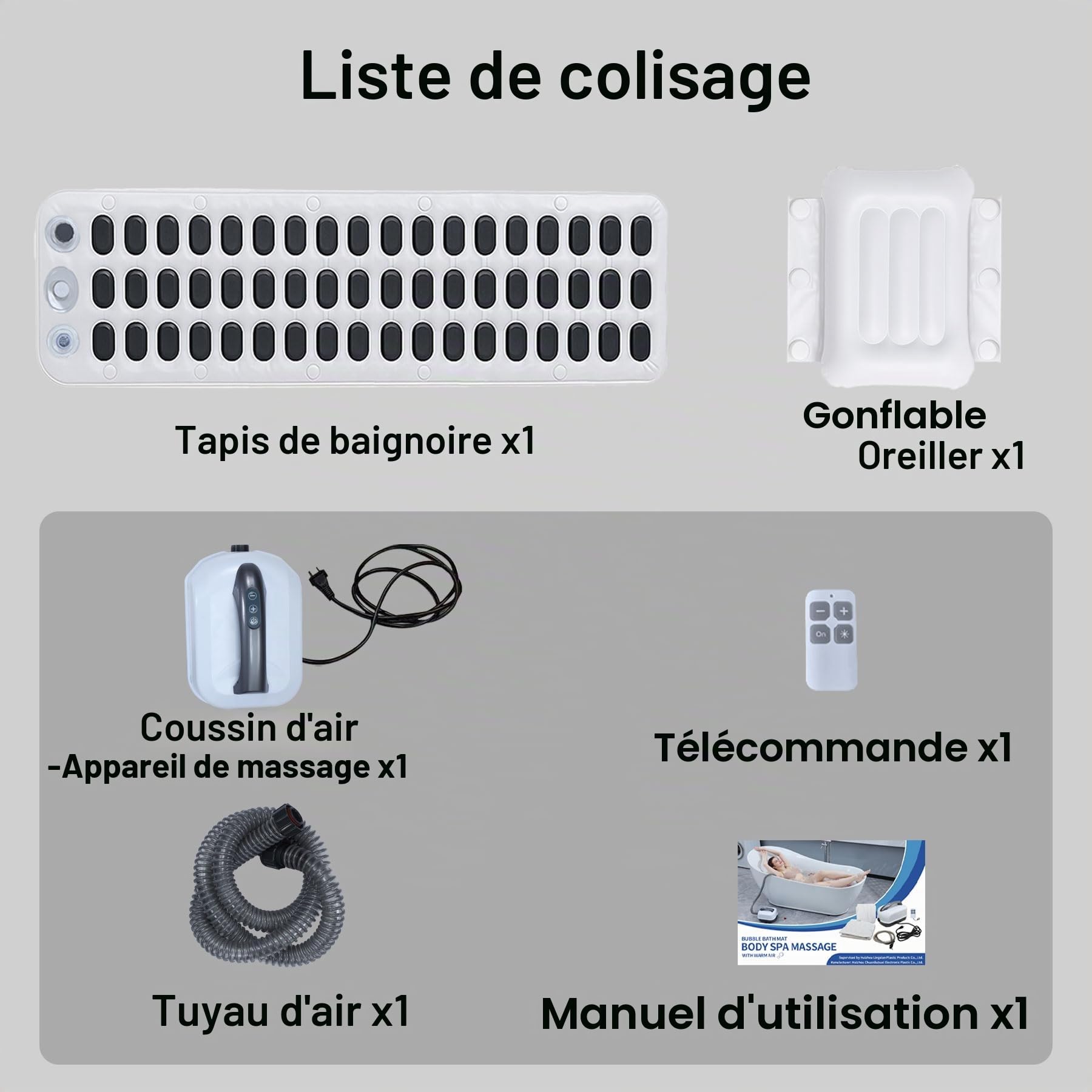 Tapis de bain à bulles avec coussin, portable à bulles avec 6 vitesses pour la relaxation à la maison, ventouses antidérapantes