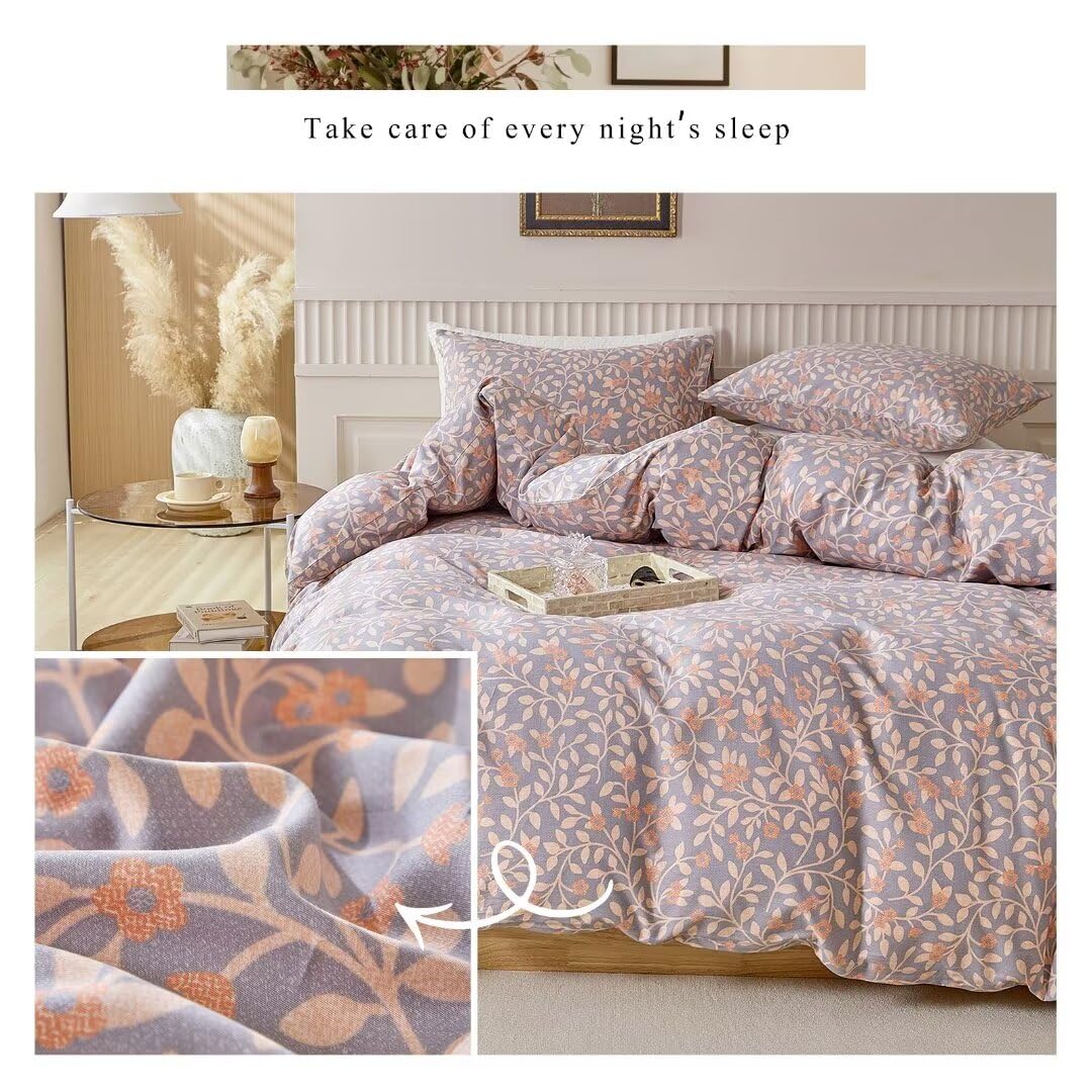 MKXI Purplish Grey Duvet Cover with Pink Flowers Pattern King Size Floral Duvet Cover Set for Girls Garden Chic Style Bed Cover with 1 Duvet Cover 104x90+ 2 Pillowcases