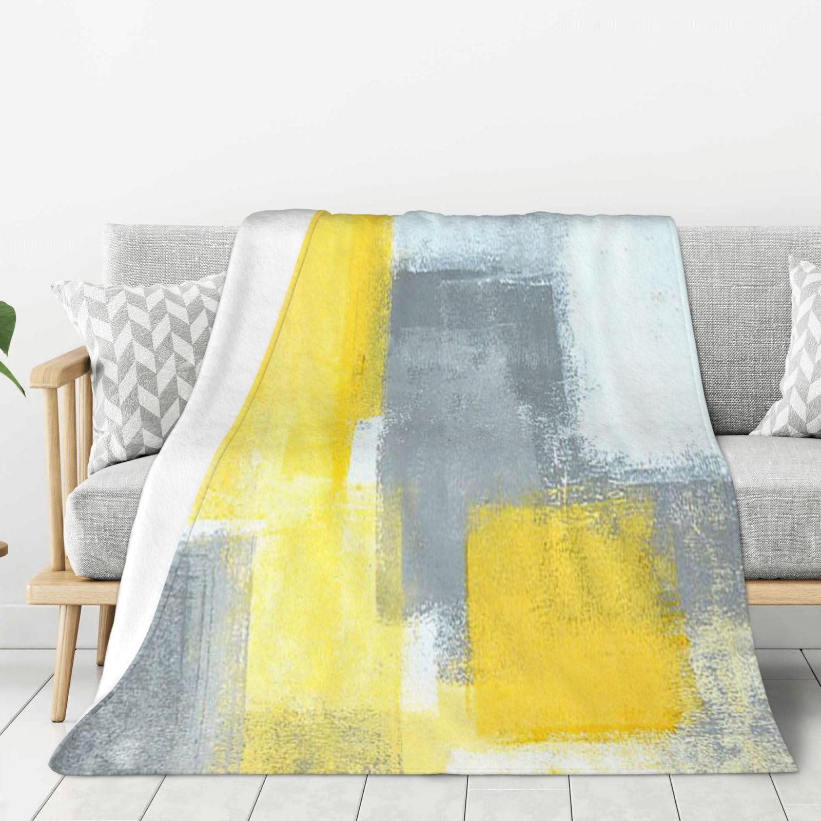 Augustrush Grey Yellow Abstract Flannel Blanket 80X60in, Throw Blanket, Soft, Plush, Anti-Pilling, Lightweight & Warm Throws For Bed, Couch, Sofa, Camping Home, Travel