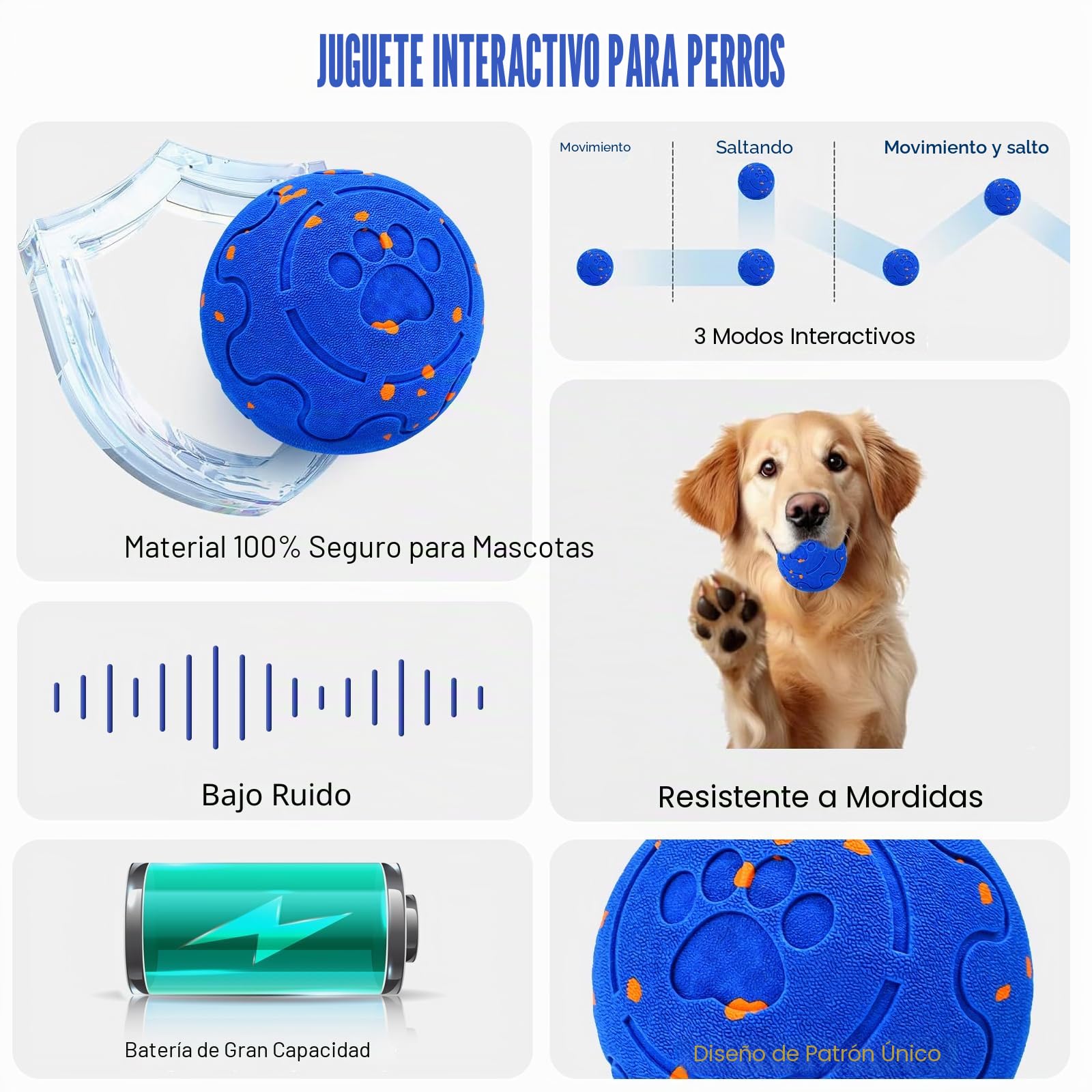Juguete para perros con inteligencia, pelota para cachorros, pelota para cachorros, juguete inteligente interactivo para perros con luz y 3 modos de juego (azul/no luz)