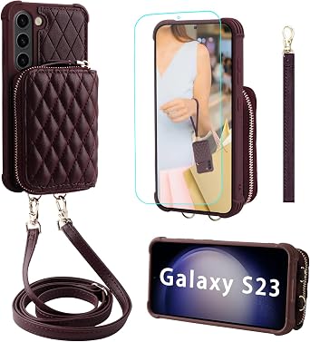 MONASAY Zipper Wallet Case Fit for Samsung Galaxy S23 - Burgundy | RFID Blocking,PU Leather, with Card Holders,Fits 6.1 inch ONLY,with screen Protector,With a slanted carrying strap