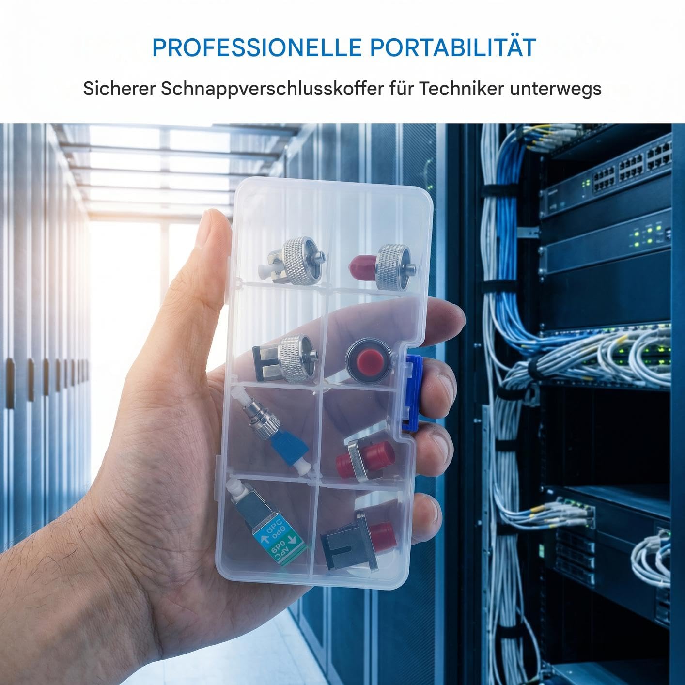 Lot de 8 adaptateurs OTDR en fibre optique pour SC FC ST LC - Pour les connexions réseau FTTH - Avec boîte de rangement amovible en plastique solide.