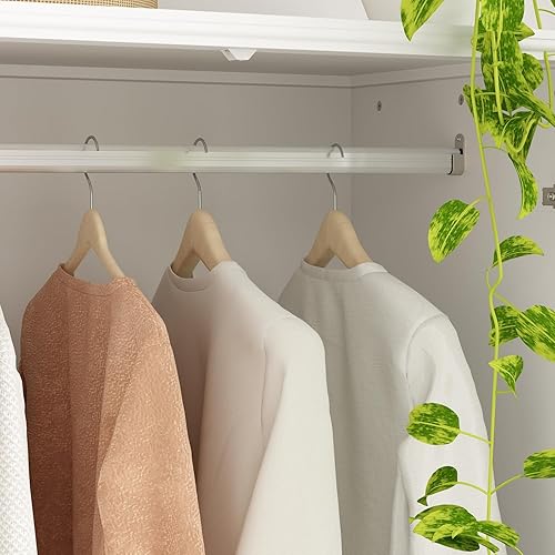 Miniatura 5 de WOODTIME Armario con barra para colgar, moderno armario de madera con 4 puertas enmarcadas y 3 estantes grandes, organizador de armario de