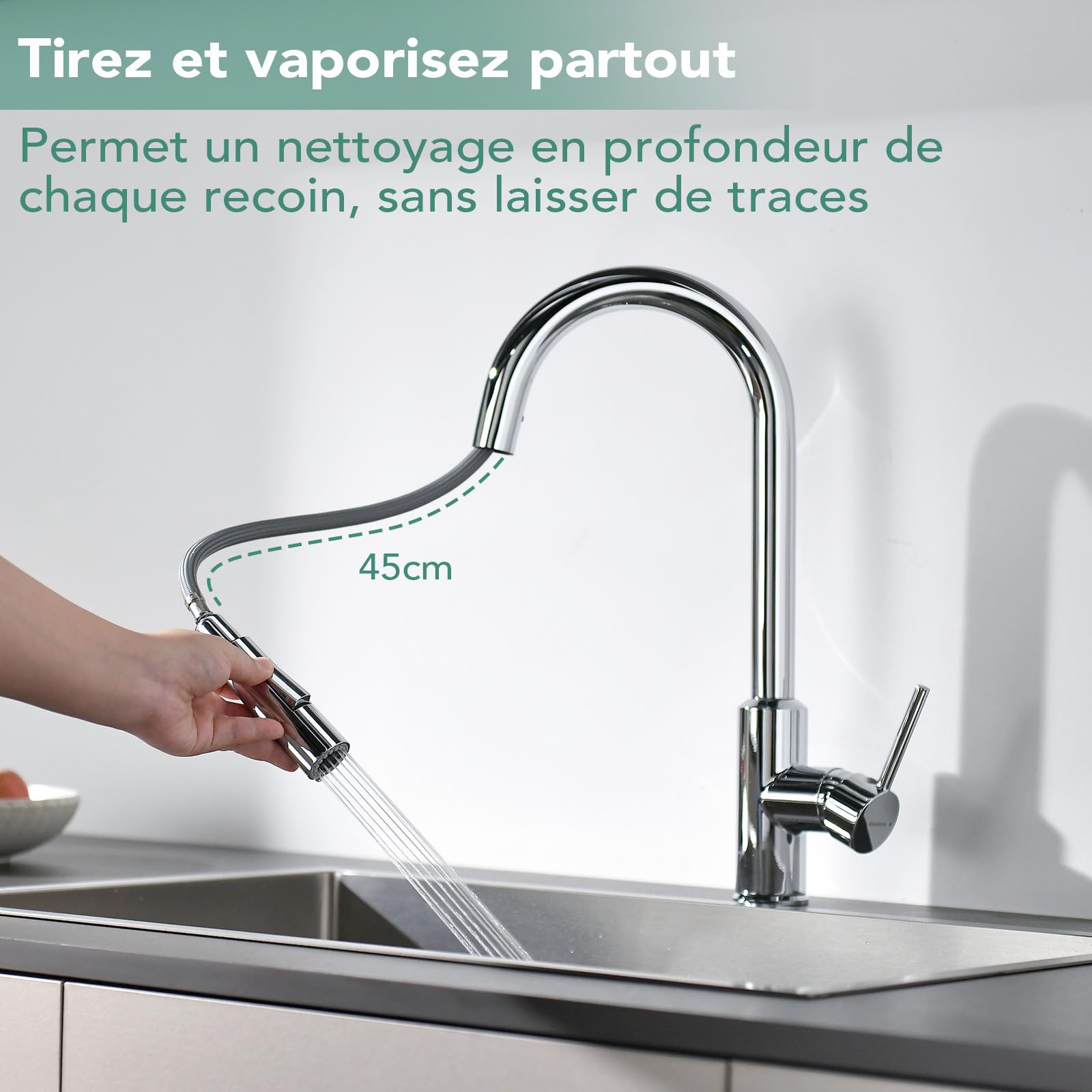 Mitigeur Cuisine Avec Douchette Extractible, Robinet D'évier Pivotant 360°, Acier Inoxydable Chrome