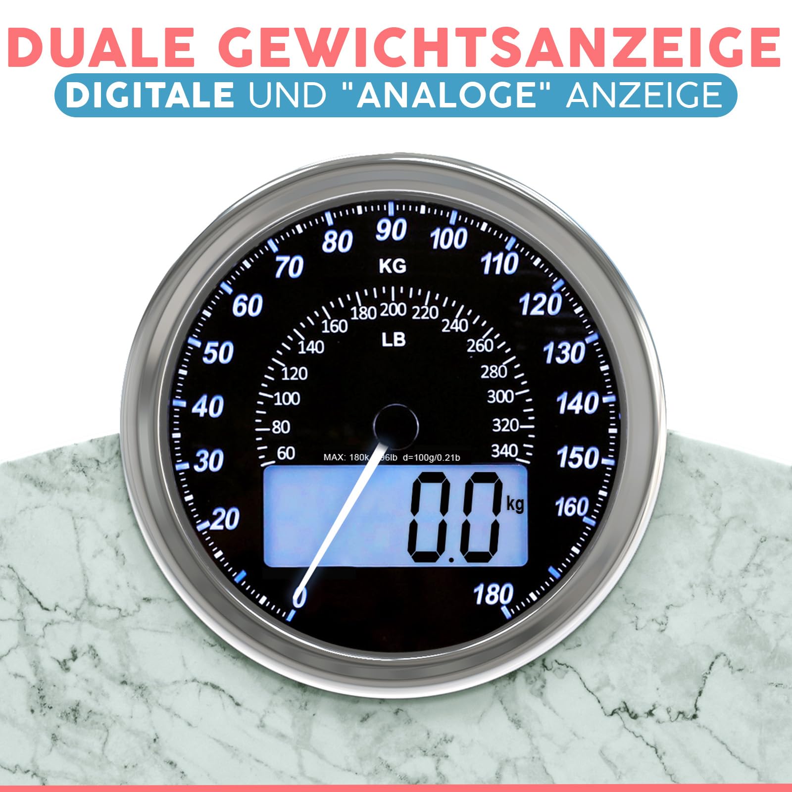 Hybrid Personenwaage - Analog & Digital, Präzise bis 180 kg | Gewicht auf Analogzifferblatt und LCD ablesen. Breite Glasplattform, 3 AAA Batterien inklusive, sofort einsatzbereit.