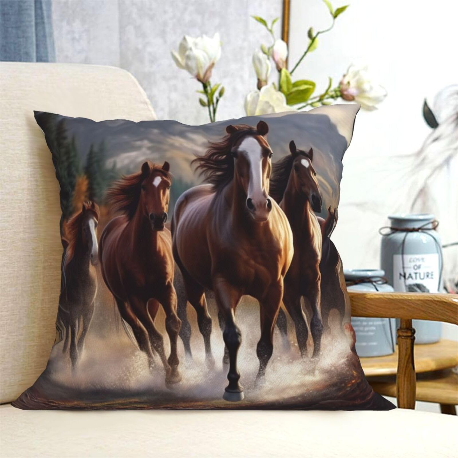 Fodpand Black Decorative Throw Pillow Covers 16"X16" Horses Cushion Cases Square Modern Farmhouse Pillow Cases Soft Cozy Cushion Covers For Couch Sofa Bedroom Home Decor Pillowcase