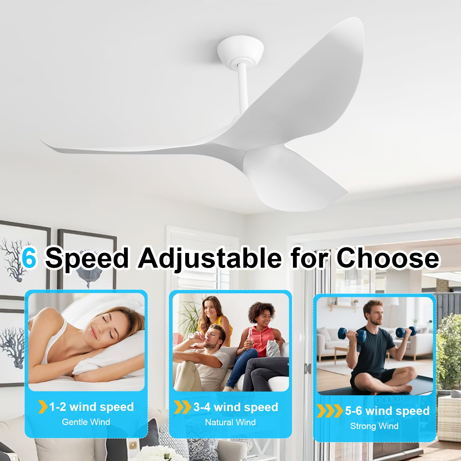 Sofucor Ventilatore da Soffitto 132 cm, Silenzioso Ventilatore da Soffitto per Camera da Letto, 3 Pale, 6 Velocità, Timer, Motore DC, Funzionamento Estivo Invernale