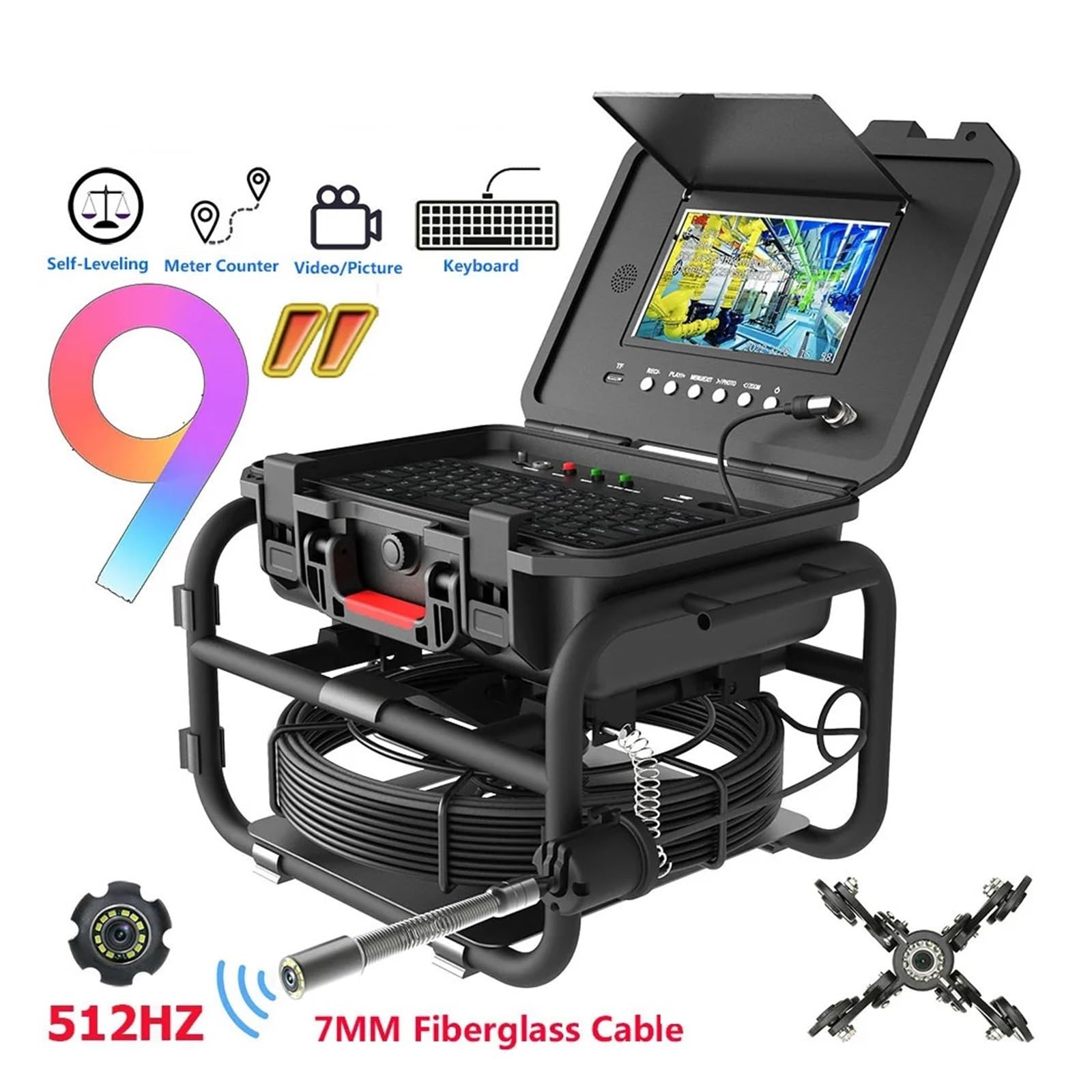 Kamera inspekcyjna odpływu Kamera Inspekcyjna Do Rur, Kamera Kanalizacyjna 9 Cali, HD 1080P DVR Z Samopoziomującą Sondą 512 Hz, Rura Spustowa, Przemysłowy Endoskop(60 m,7MM No Locator)
