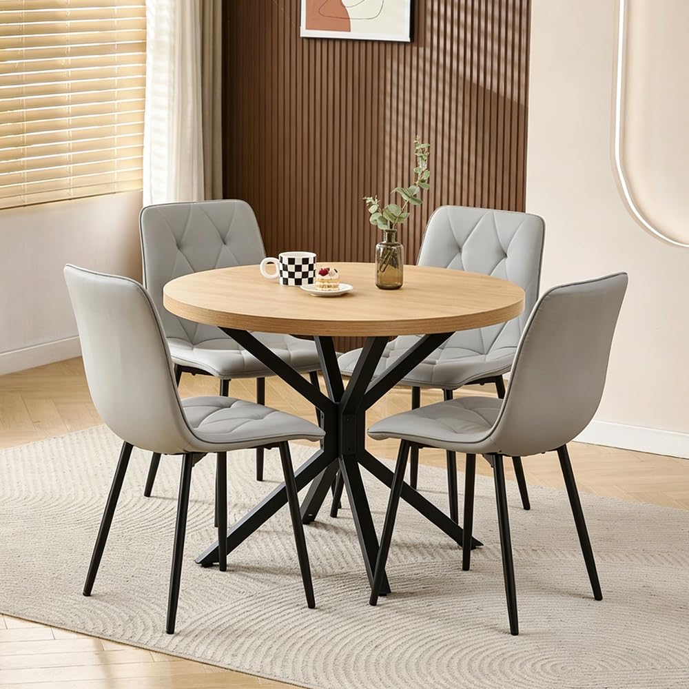 Rainbow Tree Large Round Dining Table and Chairs Set 4, 95cm Wooden Kitchen Table and 4 Diamond Tufted Chairs for Dining Room, Space Saving Dining Table Set