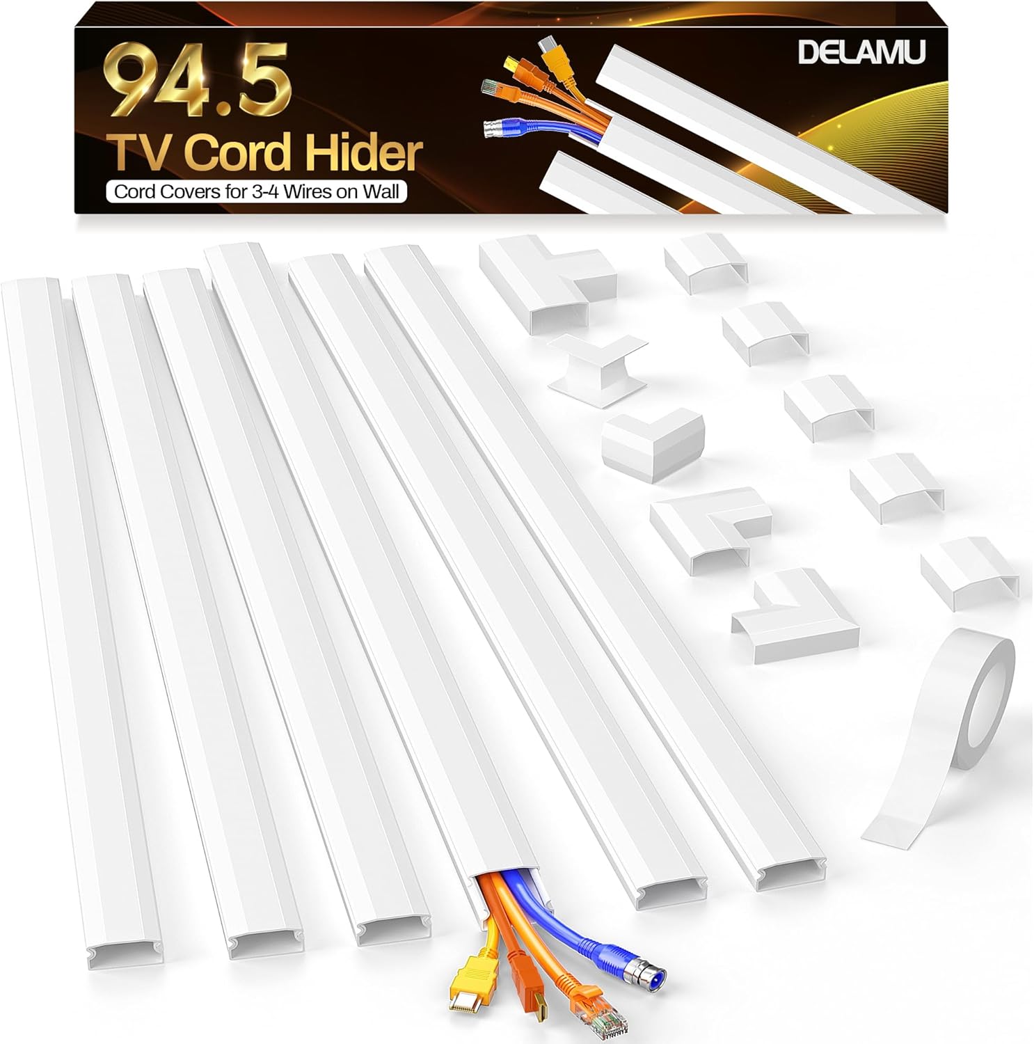 Delamu Cord Hider, 94.5in Cord Covers for 3-4 Wires on Wall, Large Cable Hider Cable Management, Easy Set up Wire Hiders Wire Covers for Cords on Wall, TV Cables Cover Raceway, 6X W1.18 H0.67in, White