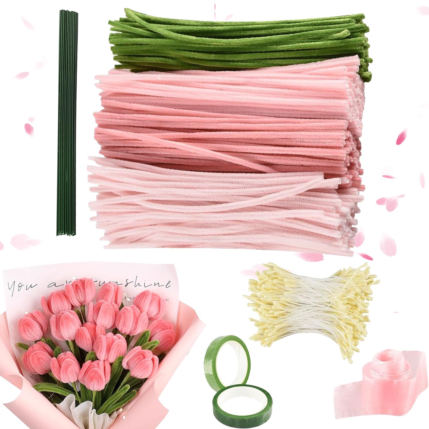 Swpohrat Kit de 200 cure-pipes à fleurs en chenille pour la fabrication de bouquets de tulipes et de roses, projets de bricolage et décorations de vacances (vert pin rouge vin