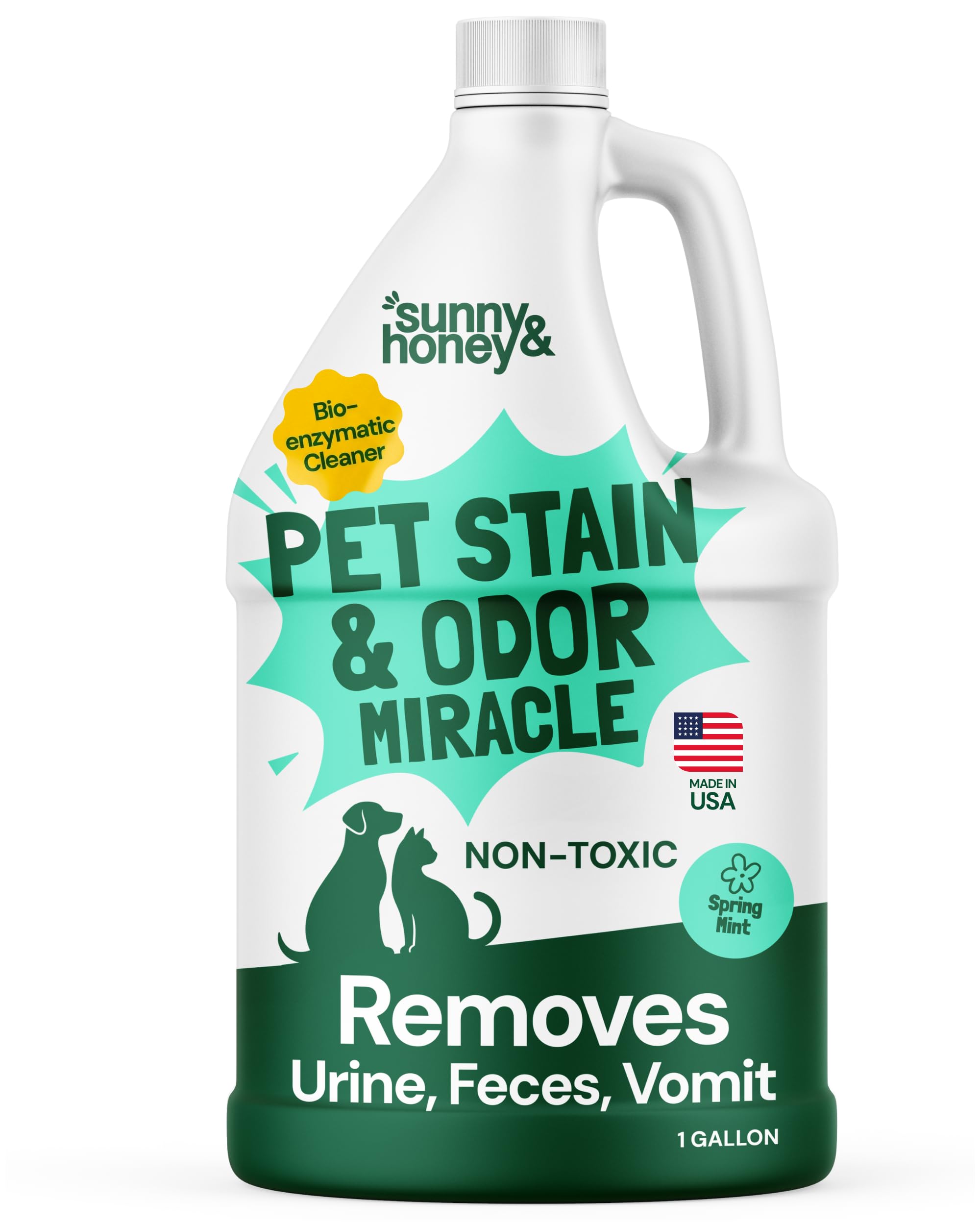 Sunny & Honey Pet Stain and Odor Remover - Enzyme Cleaner for Dog Urine and Poop on Carpets and Furniture - Strong Pet Carpet Cleaner Spray (1 Gallon Mint)