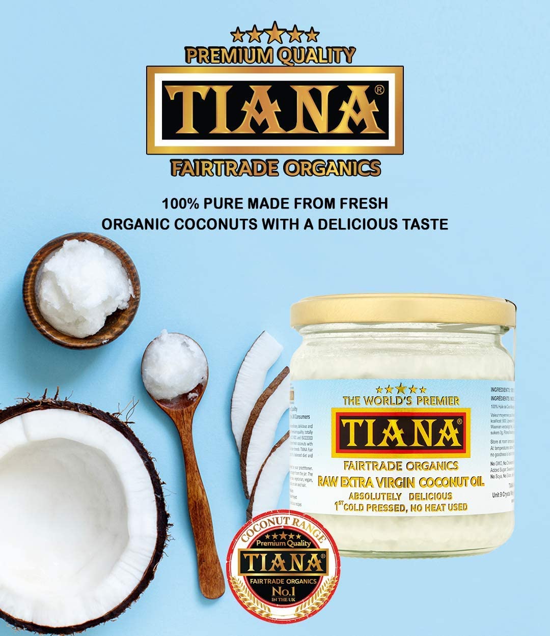 TIANA Fairtrade Organic Raw Extra Virgin olej kokosowy, uznany za nr 1 dla skóry, włosów i gotowania, 350 ml