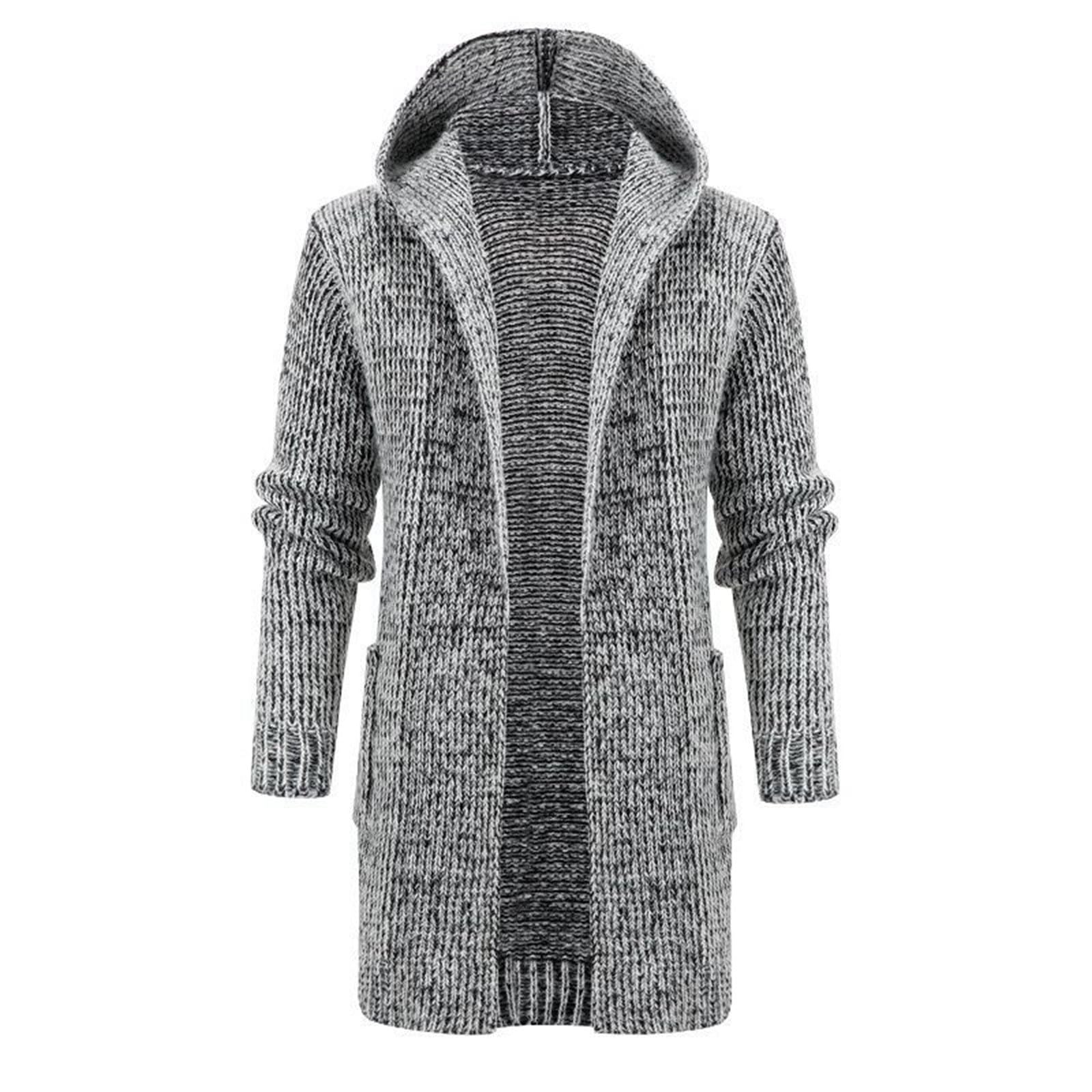 Cardigan da uomo in cotone, cardigan lungo, da uomo, con cappuccio, bottoni, invernale, caldo, a maglia grossa, elegante tinta unita