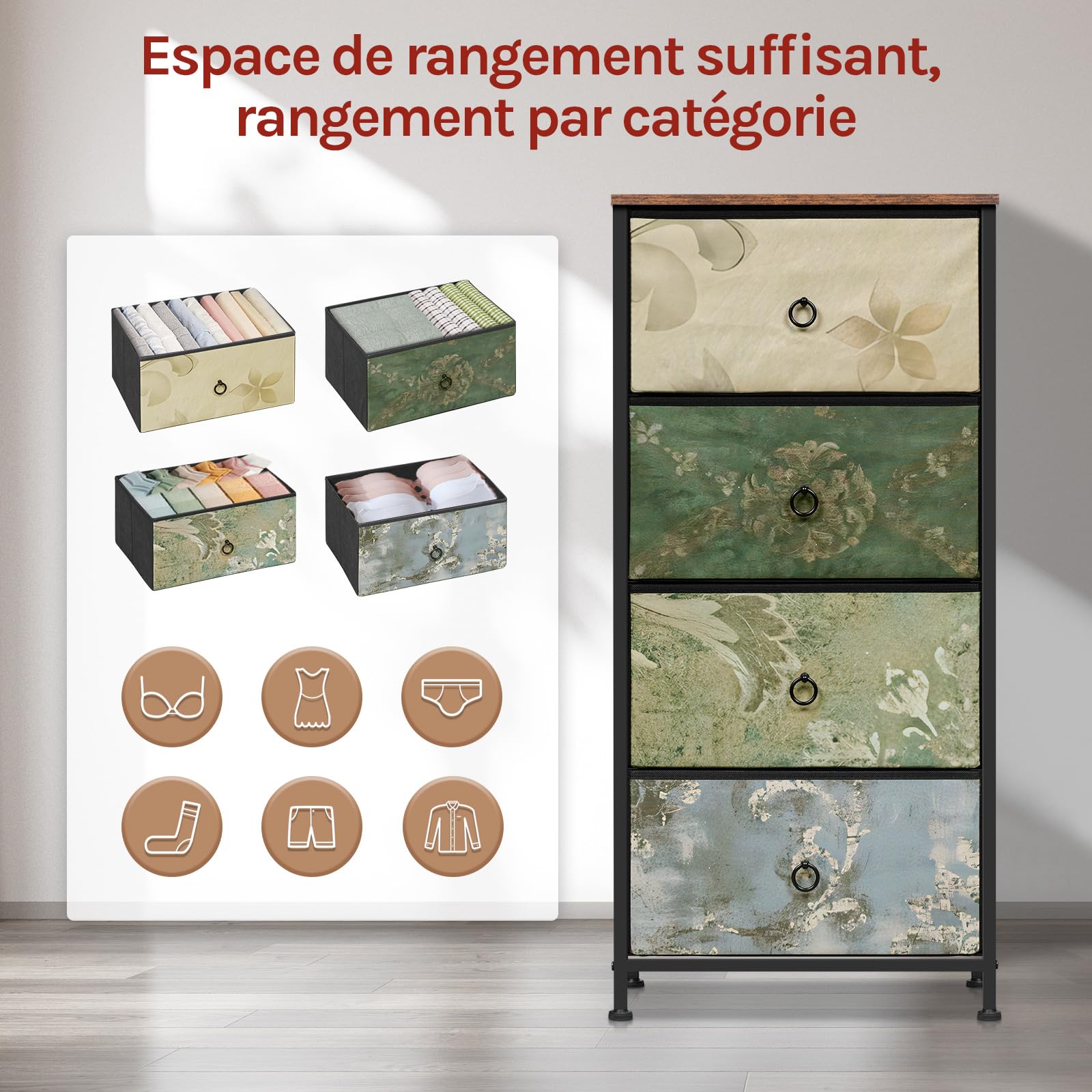 WOLTU Commode à 4 Tiroirs en Tissu, Chiffonnier, Meuble Rangement, pour Chambre/Entrée/Salon, Marron Rustique+Noir+Motif de Fleur Vintage, Cadre en Métal, 45x30x95cm, SSK011pw