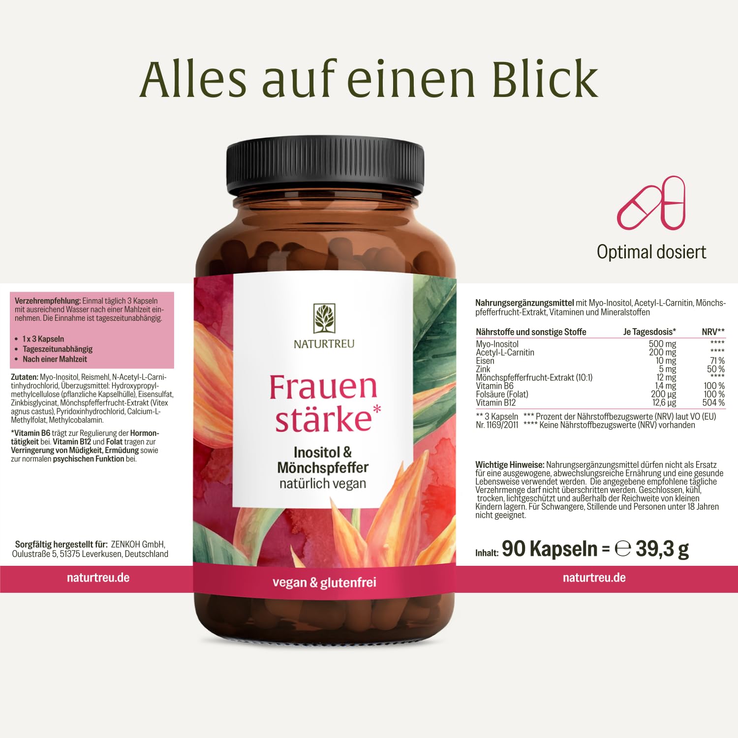 NATURTREU® Myo Inositol & Mönchspfeffer hochdosiert - 90 Frauen Vitamine Kapseln mit L-Carnitin, Folsäure, B12 & Eisen - Vitex Agnus Castus
