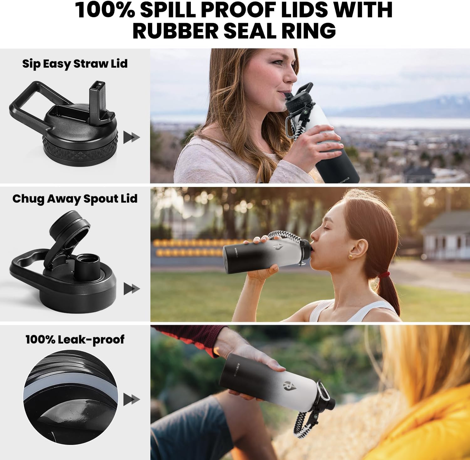 Insulated Water Bottle 40 oz, Triple Wall Vacuum Stainless Steel (Cold for 48 Hrs), Leak Proof & Non-BPA, Modern Water Flask Jug with Paracord Handle & Straw Spout Lids, Ombre: White/Black - Image 3