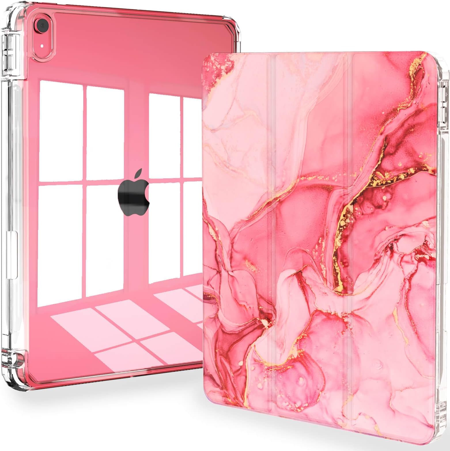 iPad 10th Generation 10.9 Inch Case, Slim Lightweight Trifold iPad 10.9 Case Clear Back Transparent Cover with Pencil Holder & Auto Sleep/Wake for iPad 10th Gen 2022, Pink Marble